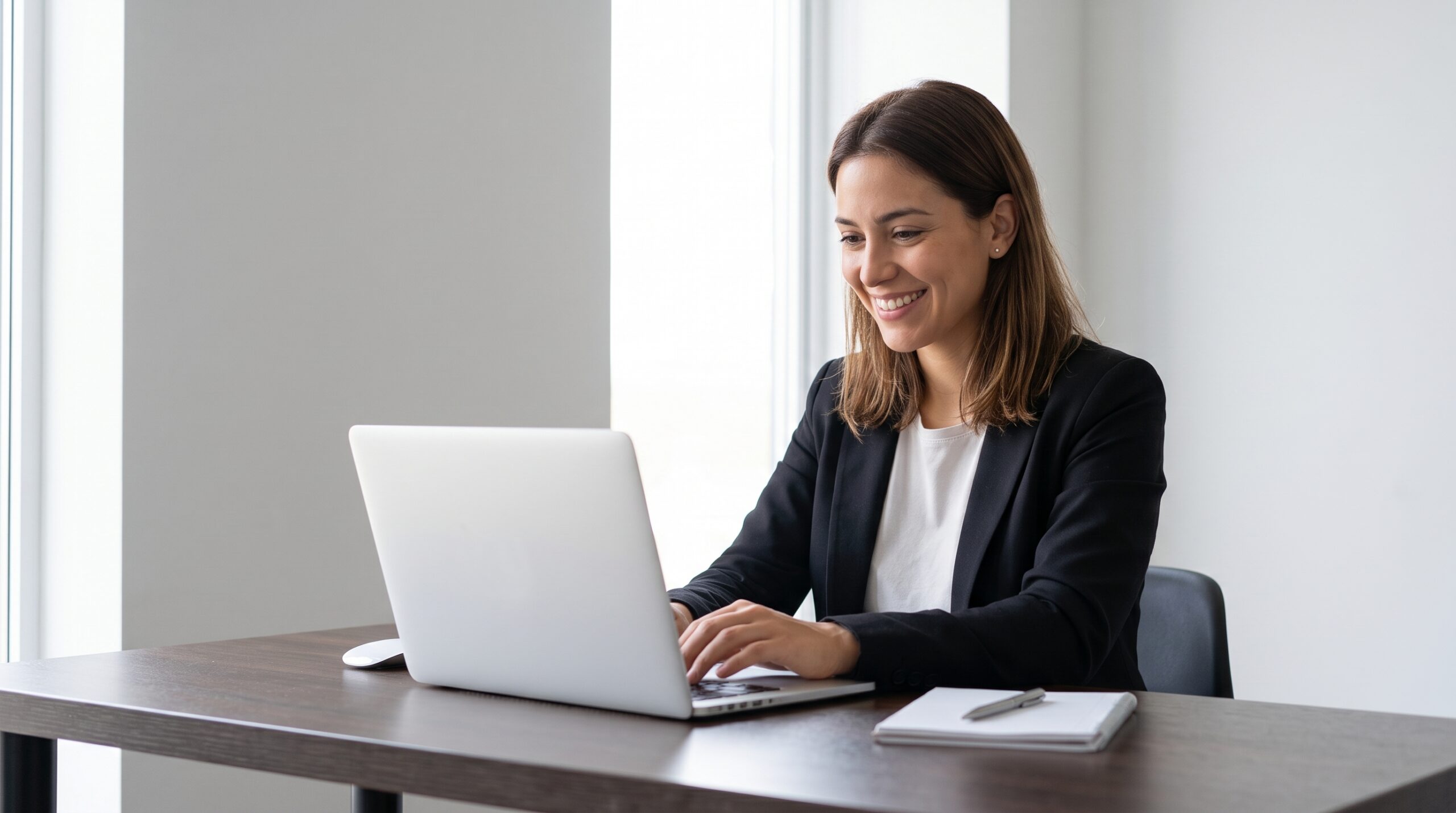 argentine woman working on a laptop at a desk, representing a candidate support coordinator outsourcing specialist