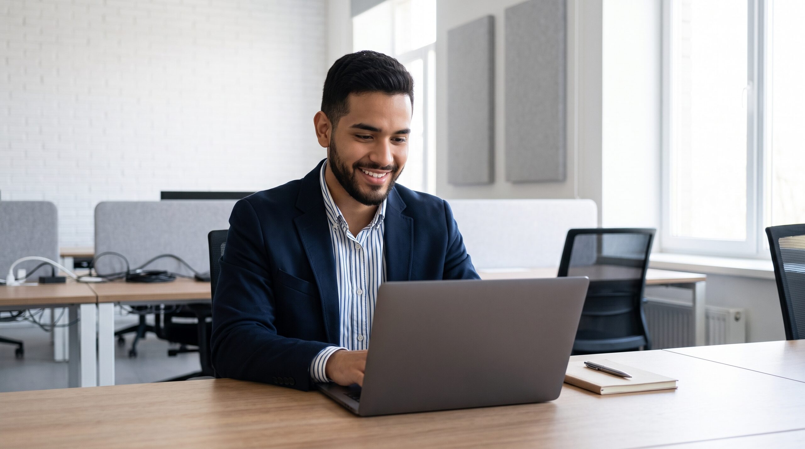 latino in an open-plan office using a laptop for remote candidate support coordinator tasks