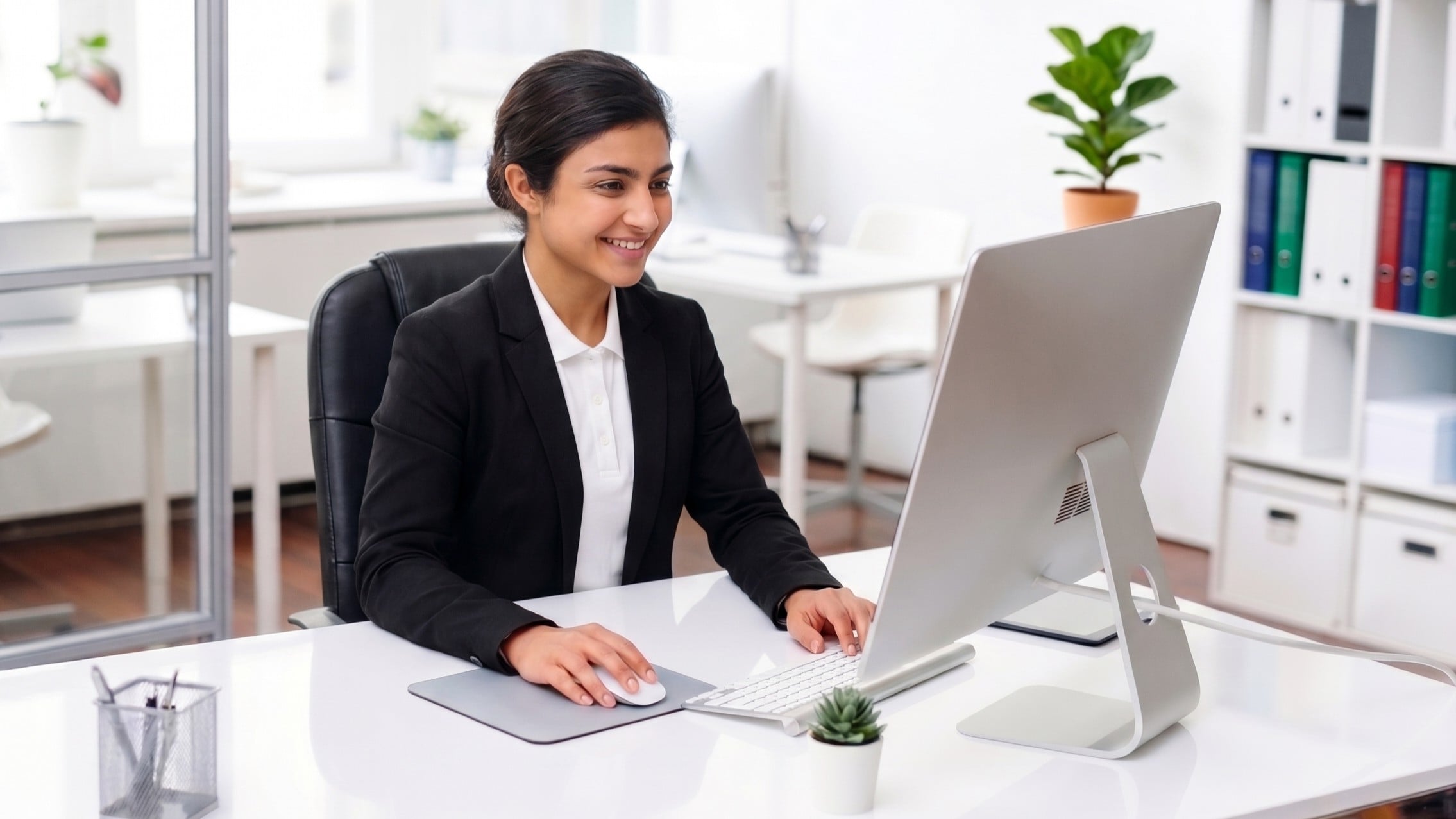 woman working with a desktop computer, symbolizing candidate support coordinator outsourcing
