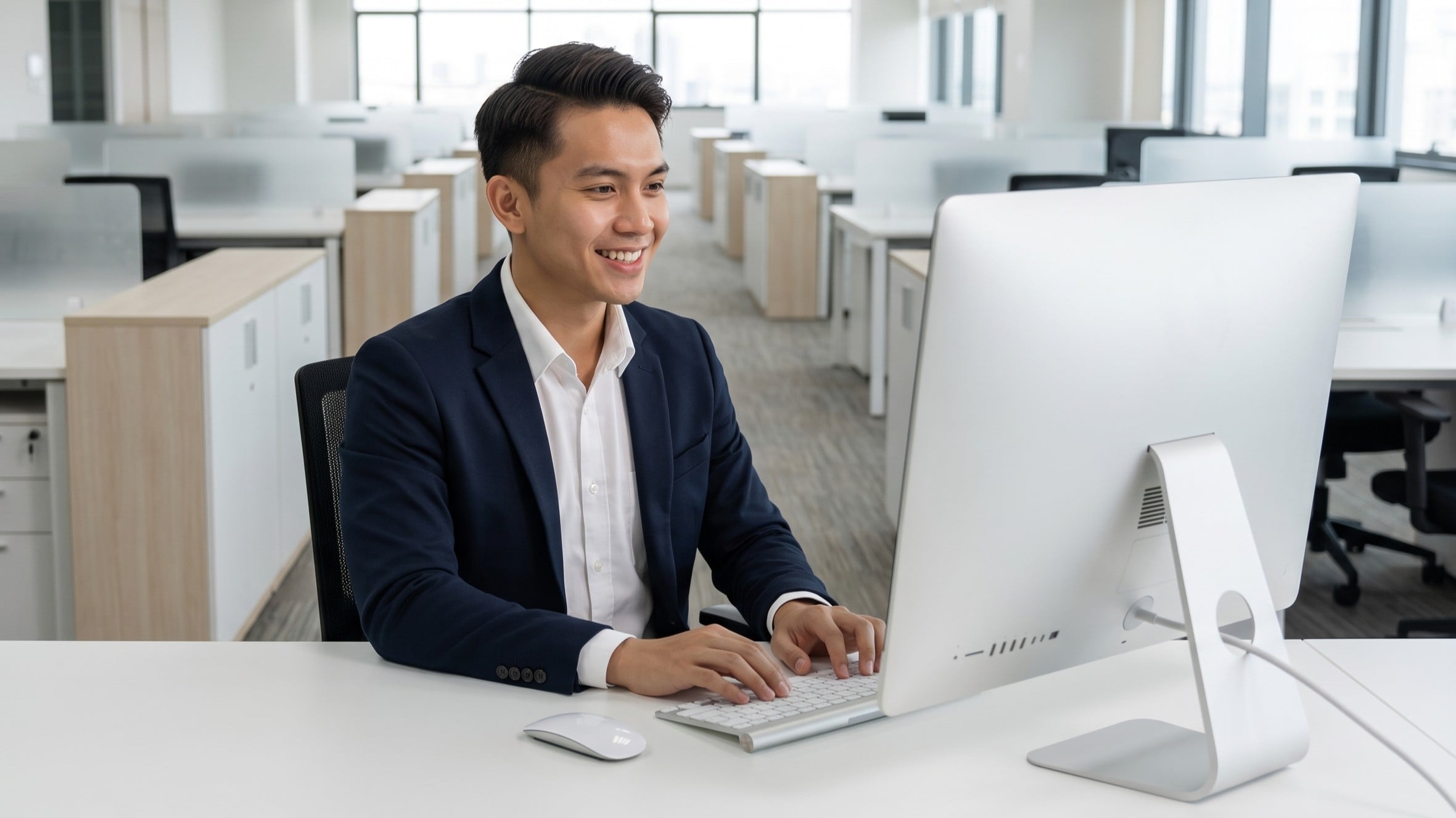 malaysian smiling while working on a computer as a remote candidate support coordinator