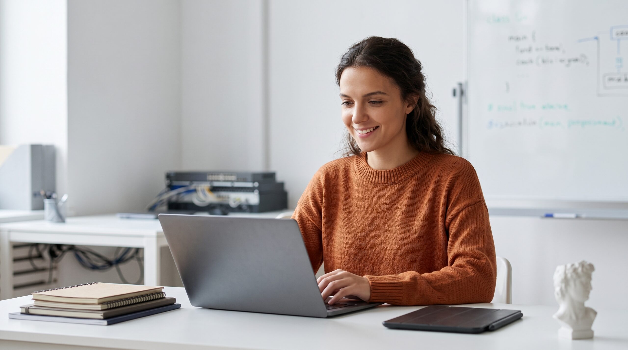 Skilled digital media coordinator typing on a laptop with technical documentation