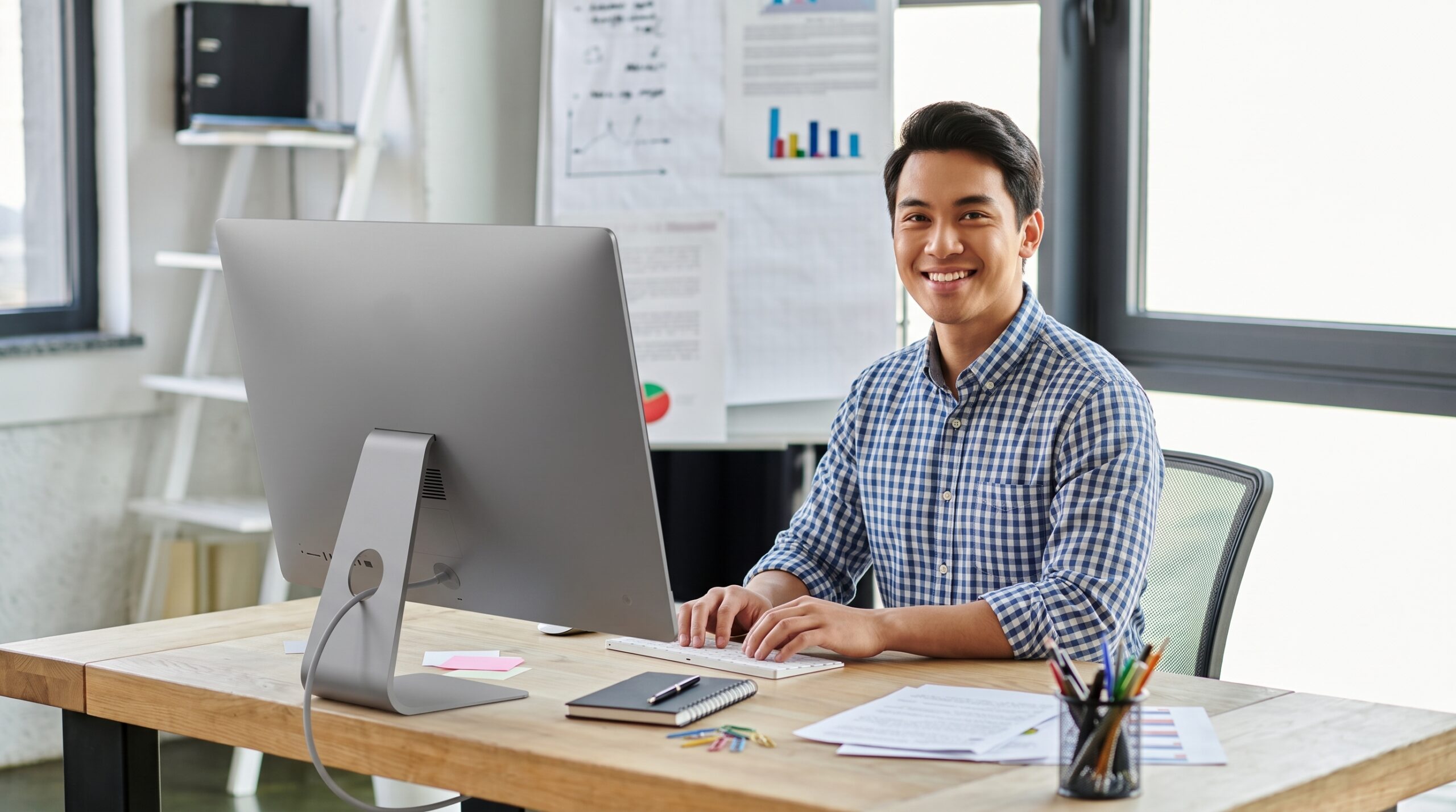 Experienced digital media coordinator managing content on a desktop computer