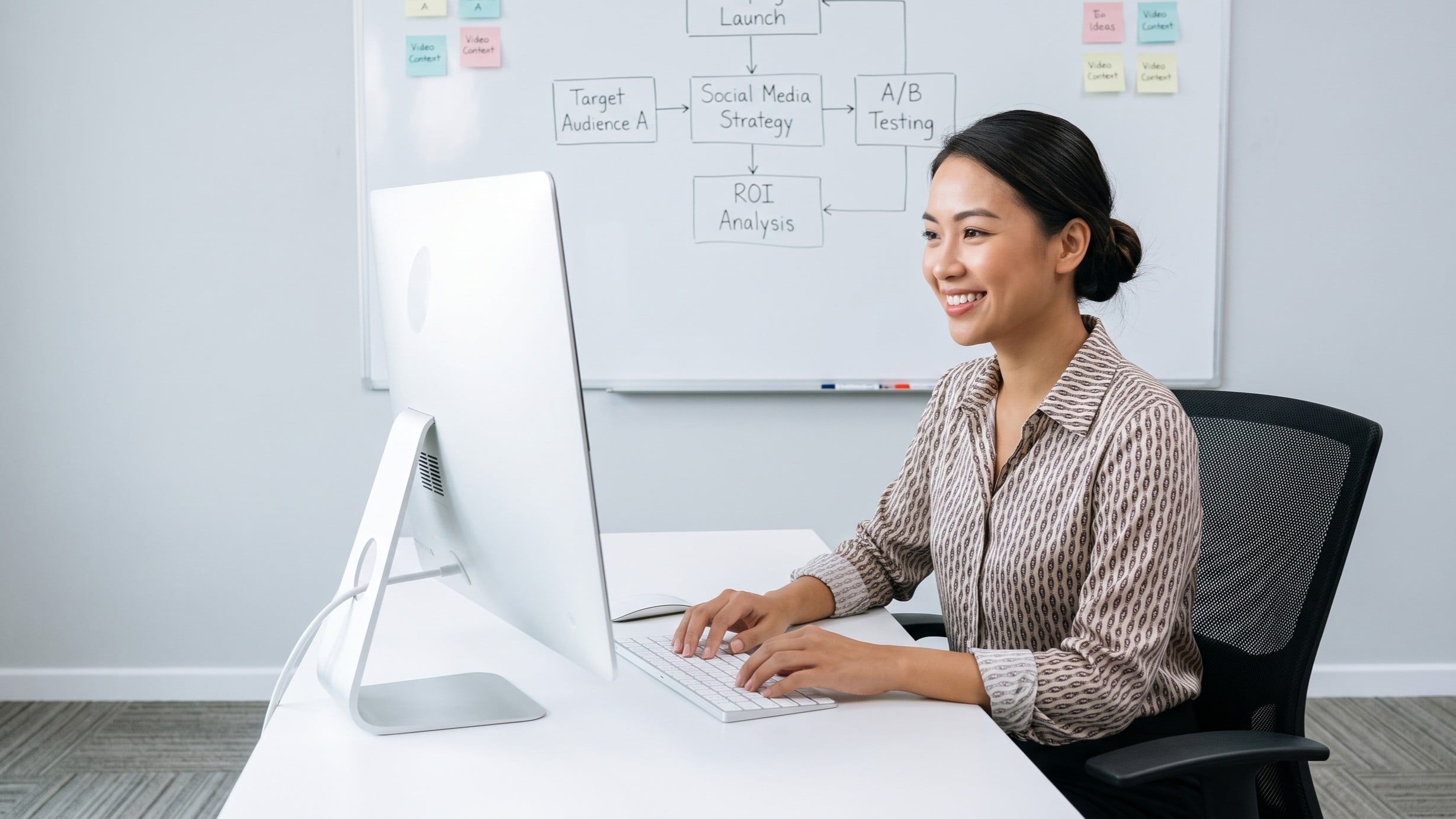 Dedicated offshore media coordinator analyzing a social media strategy flowchart