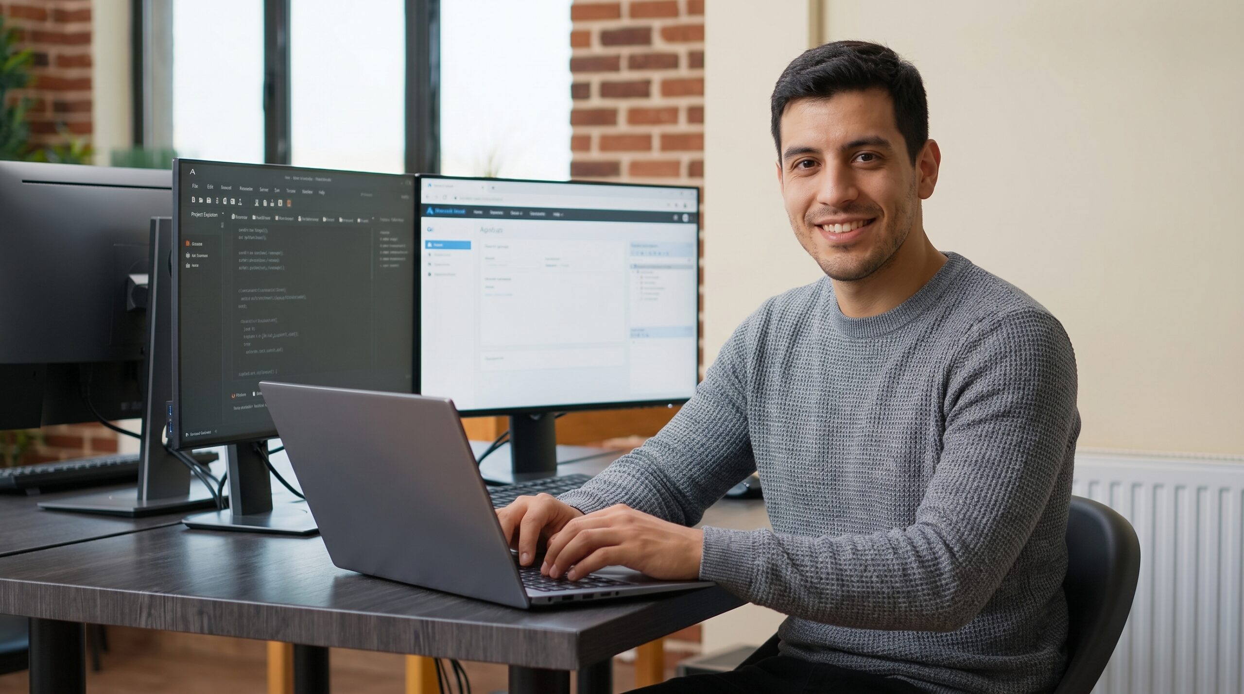 Professional male remote .NET developer wearing glasses and smiling while typing on laptop at workstation