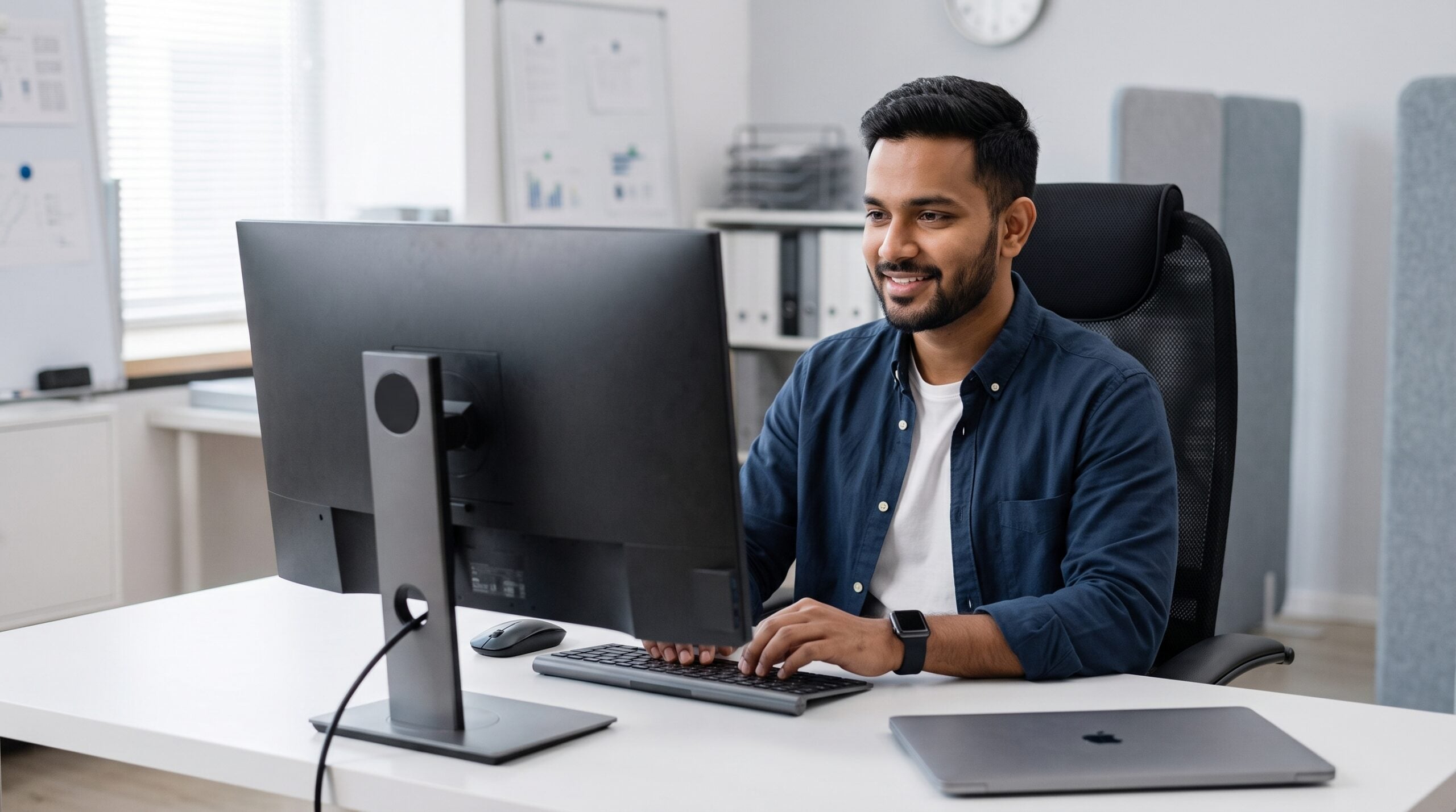 Professional offshore .NET developer smiling while typing on laptop in dark blue shirt