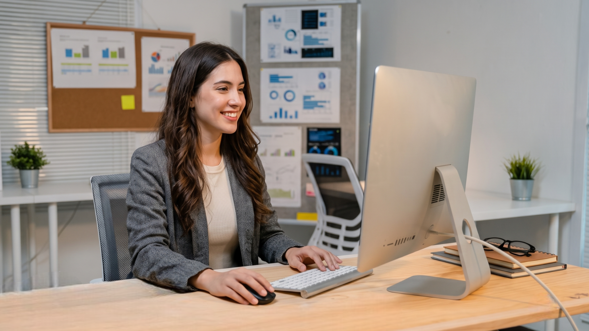 woman working as a remote analytics engineer in a modern office