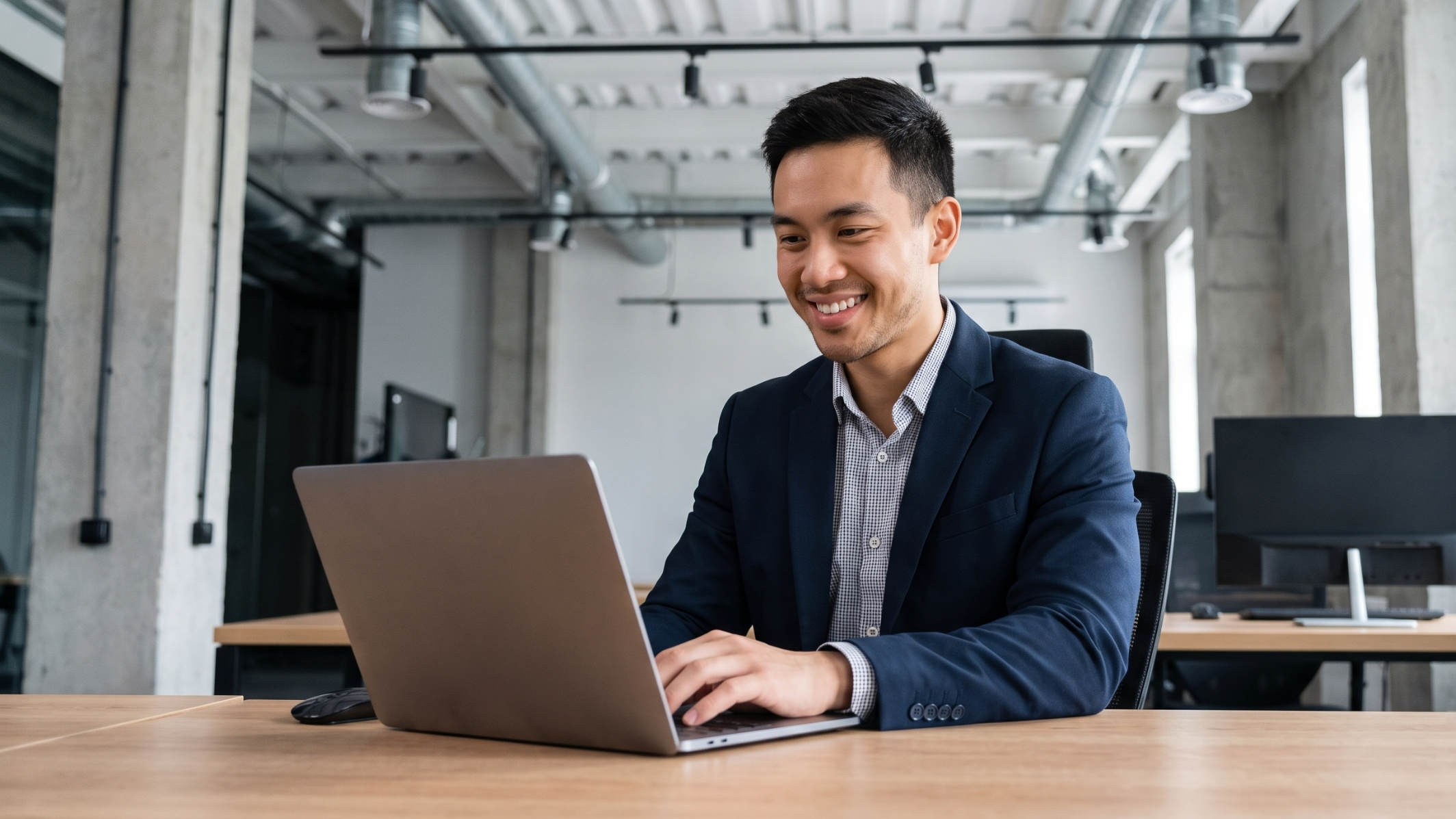 remote analytics engineer typing on a laptop with industrial backdrop