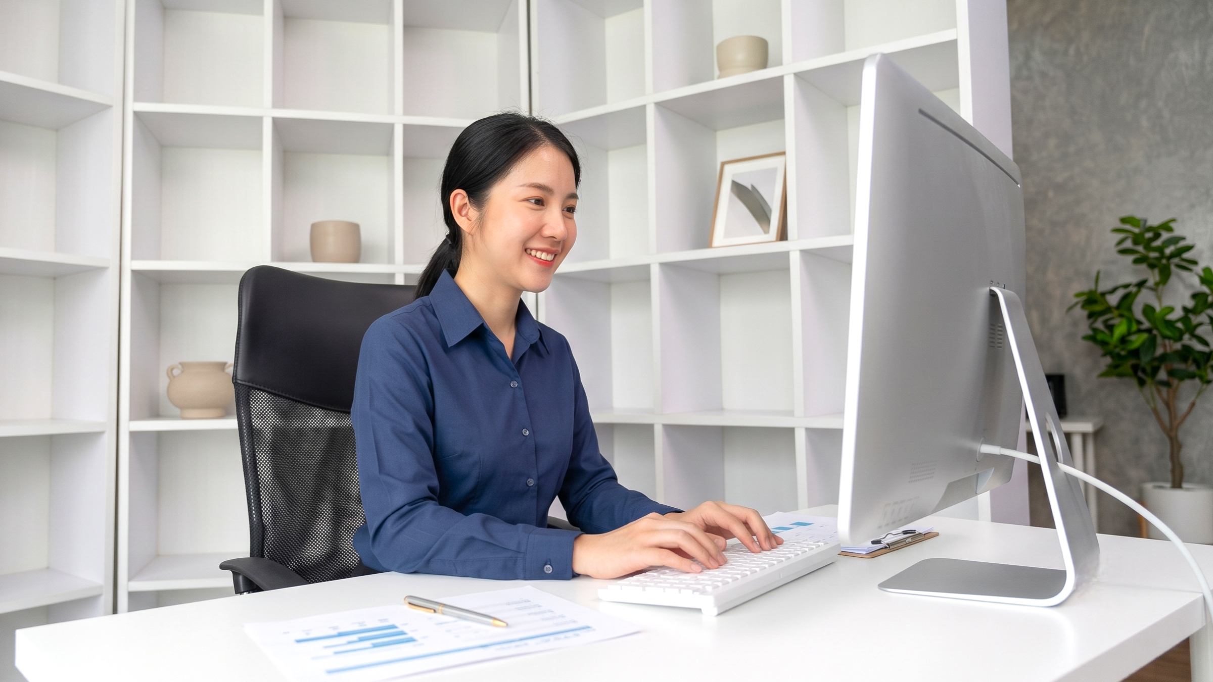 Smiling professional handling bid management outsourcing tasks on a desktop computer