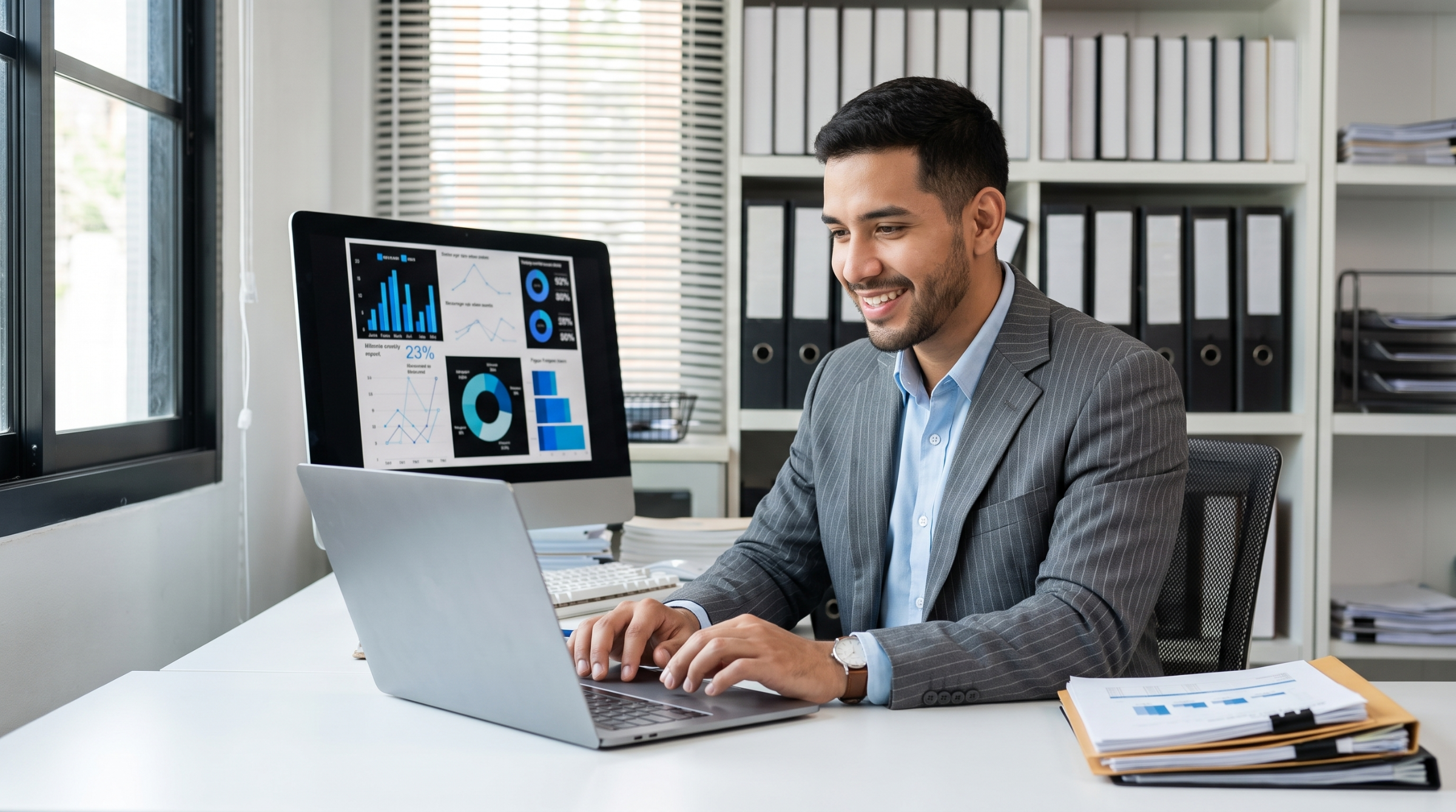 Remote business intelligence analyst working on laptop and desktop, surrounded by reports in home office