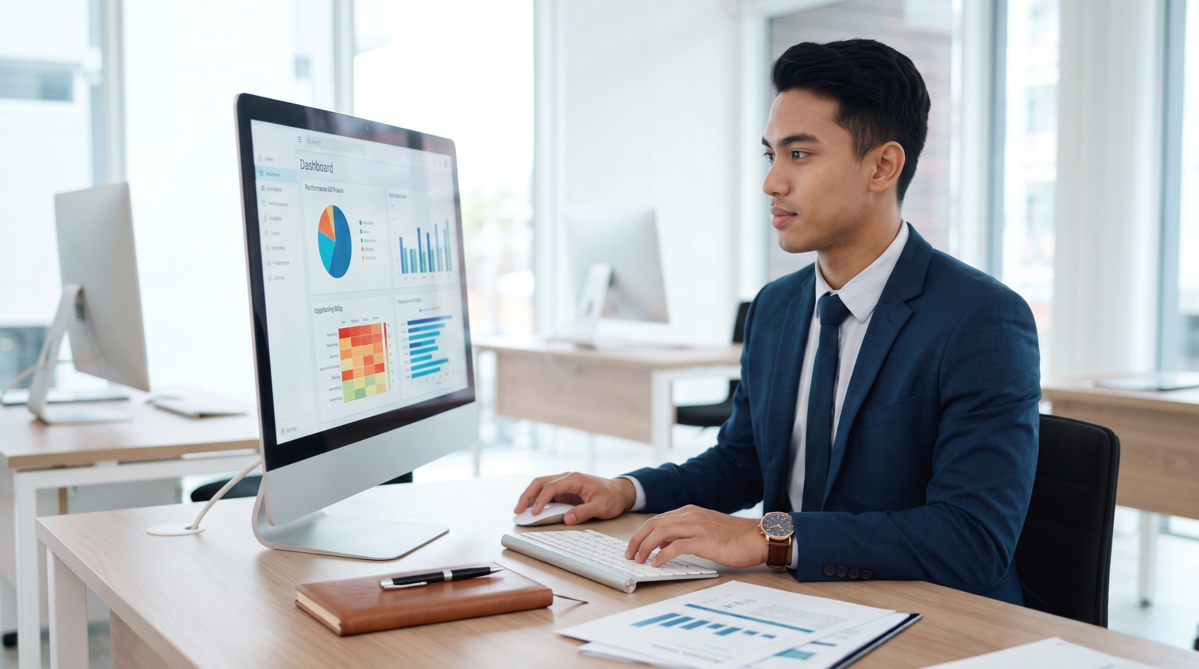 analyst in suit viewing data dashboard on monitor, representing outsource business intelligence services