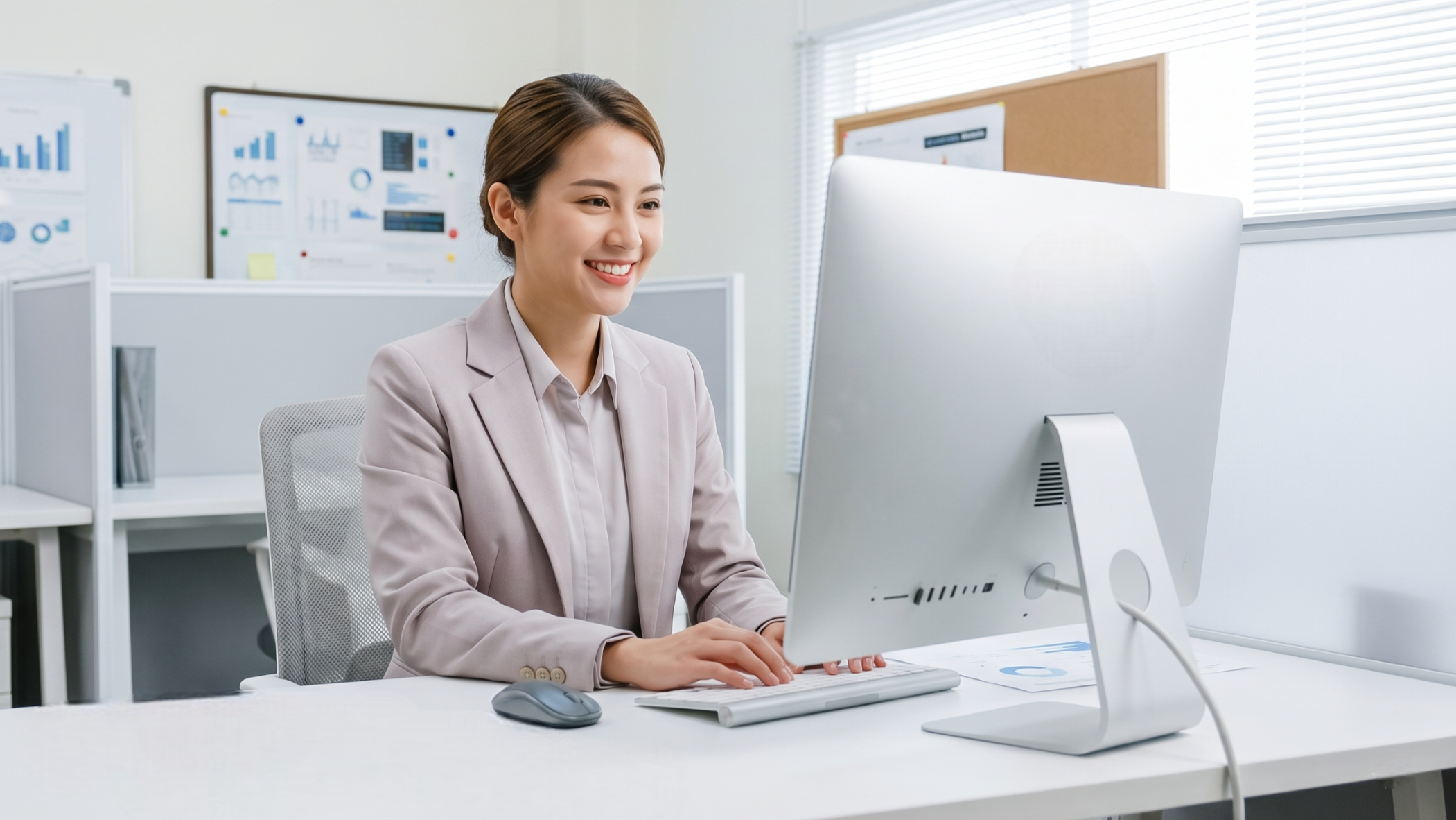 Professional remote business intelligence analyst smiling while working on desktop computer in bright office