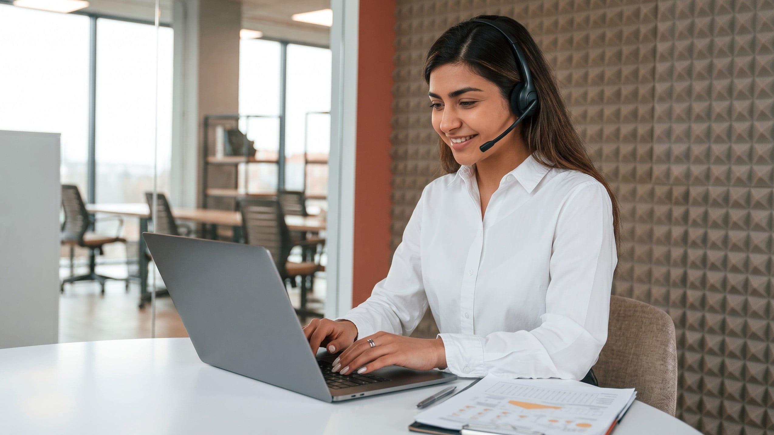 indian oman wearing a headset and smiling while using a laptop, representing a dedicated member services specialist on a call