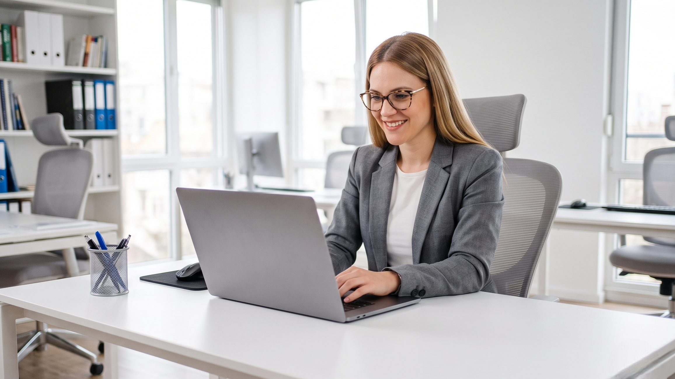 Professional remote bid specialist working on a laptop in a bright office