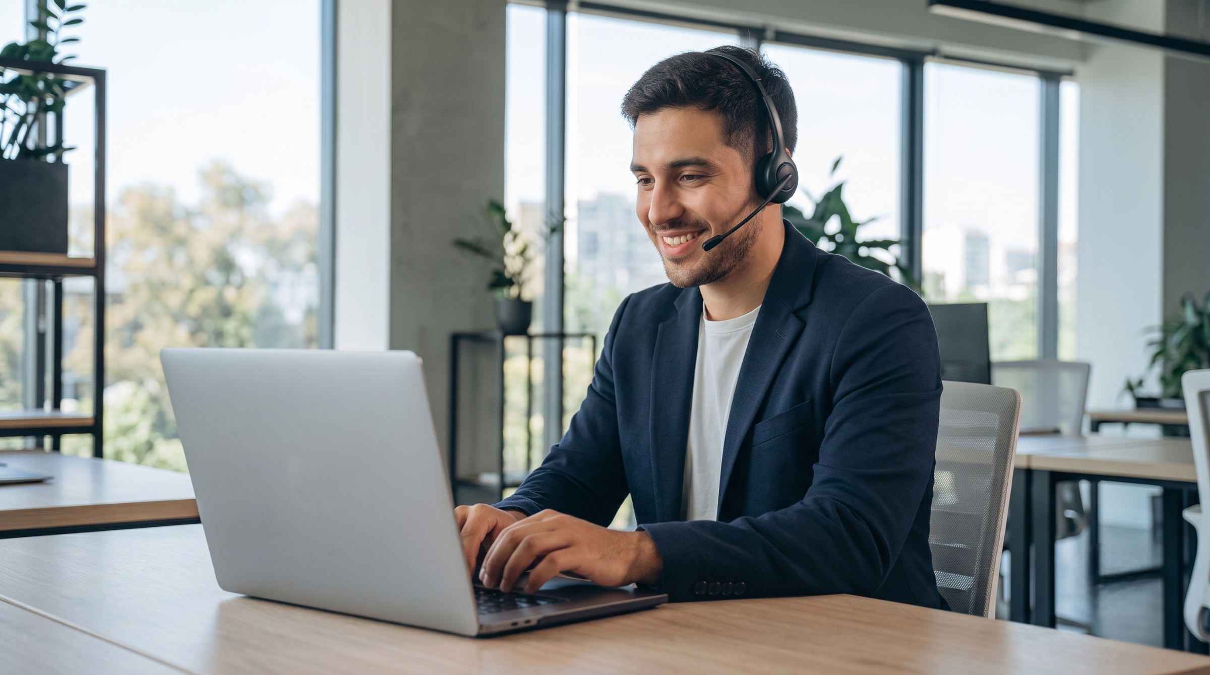 smiling remote customer experience officer in a blue blazer and headset, providing excellent service via an all-in-one desktop