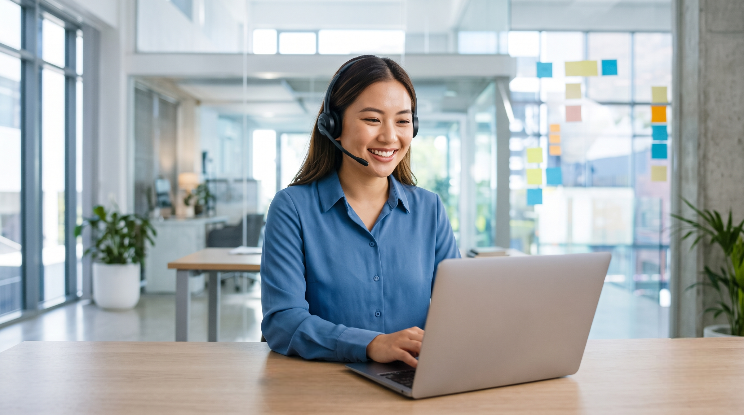 smiling female remote customer experience officer in blue shirt working on a laptop with a headset in a modern office