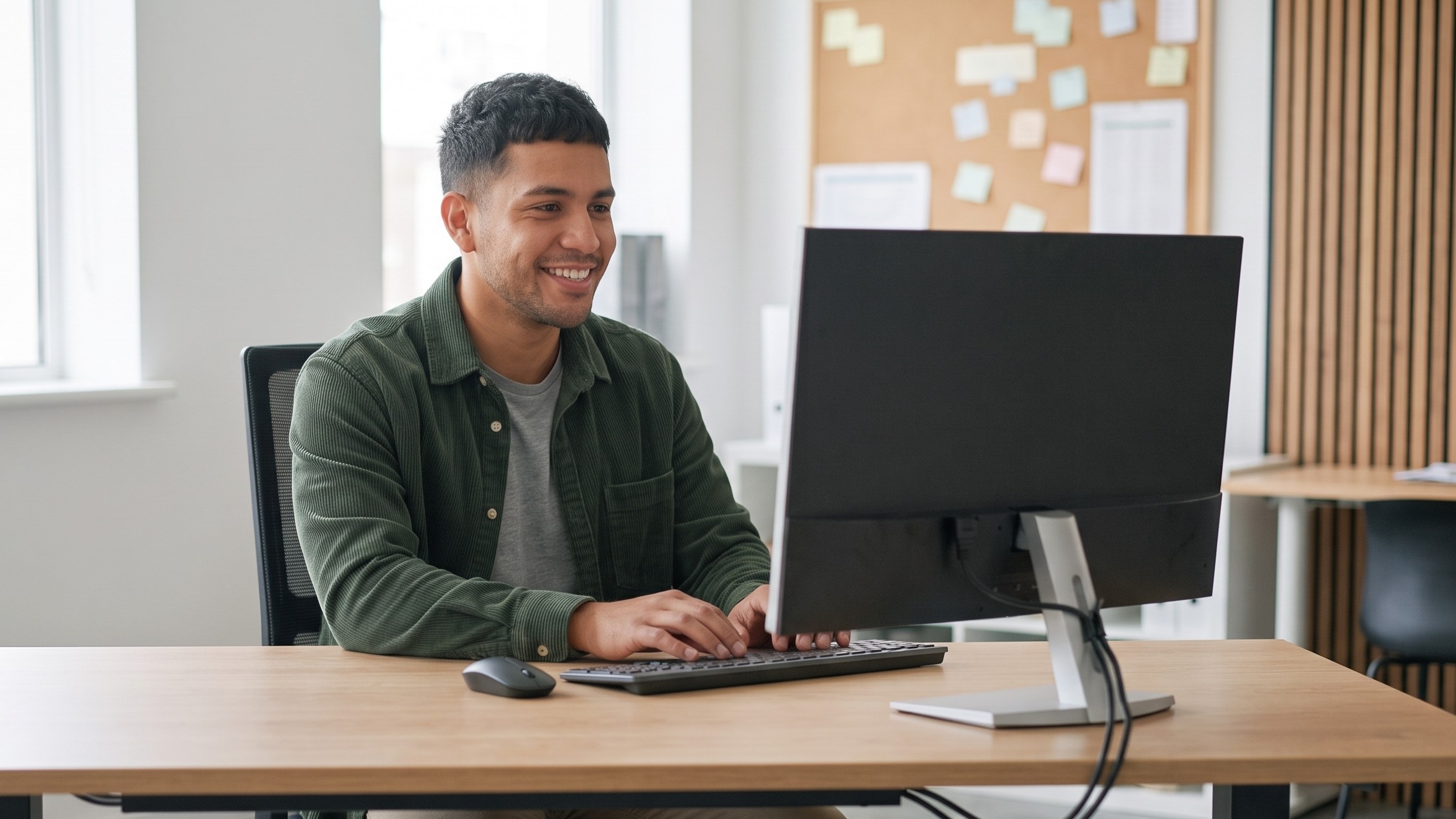 Dedicated remote database administrator seated at a clean wooden desk reviewing database tasks on screen
