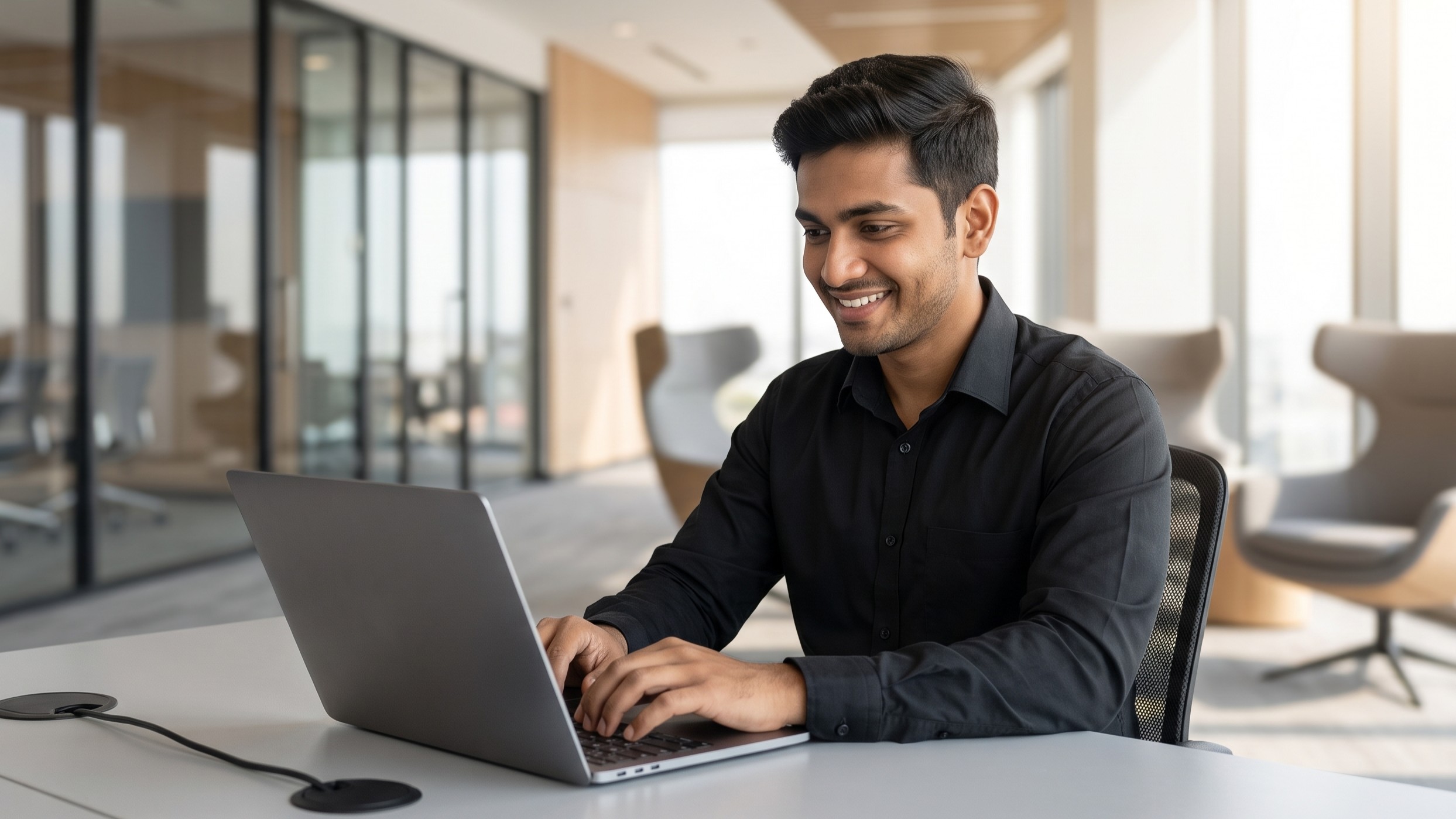 Professional database administrator remote specialist typing efficiently on a modern laptop at a desk