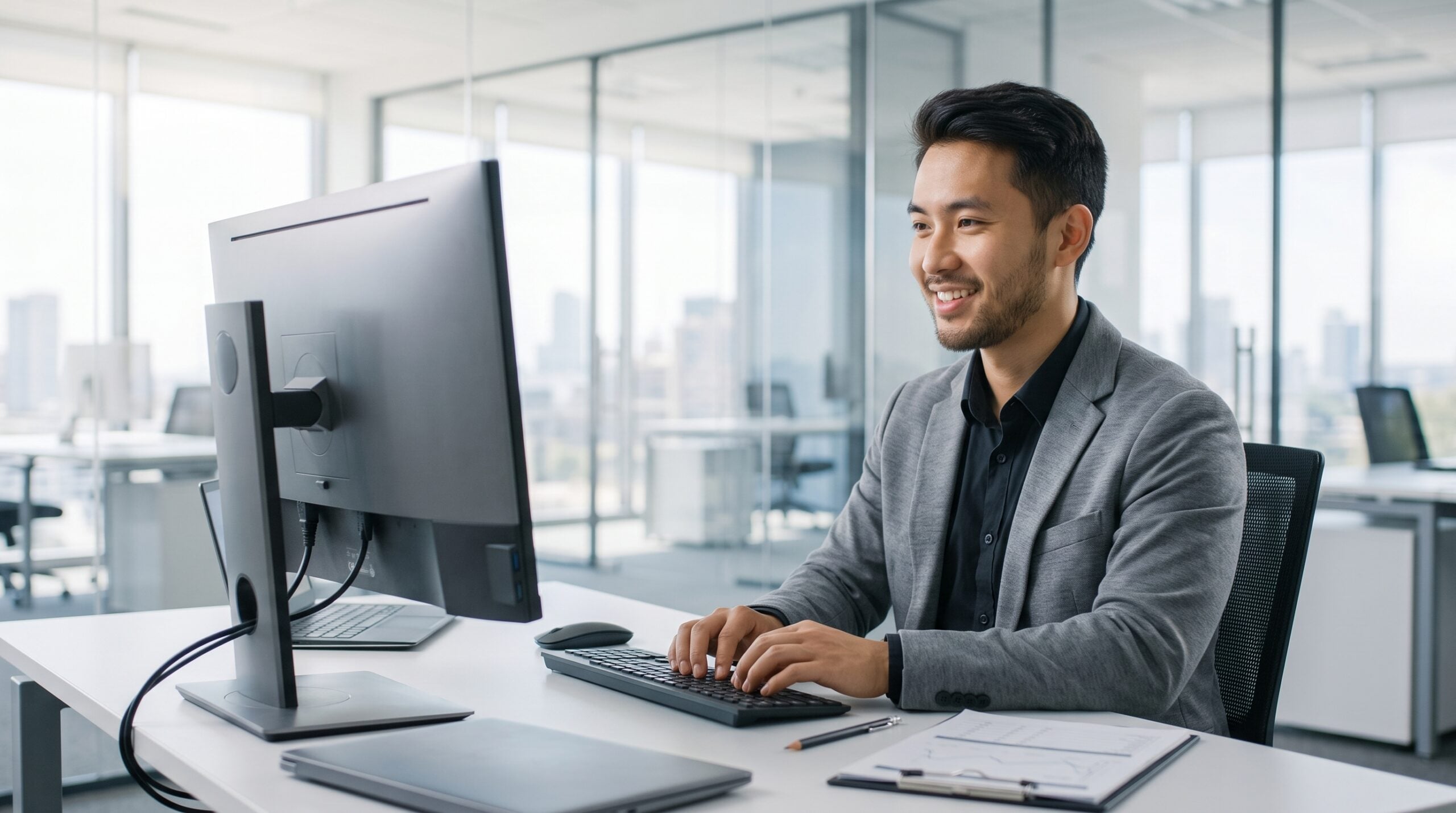 professional working at desktop computer providing database administration outsourcing services