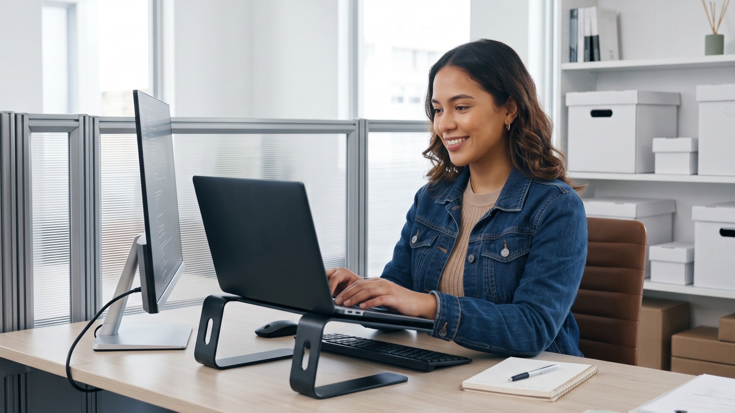 Inventory control expert managing records on a laptop