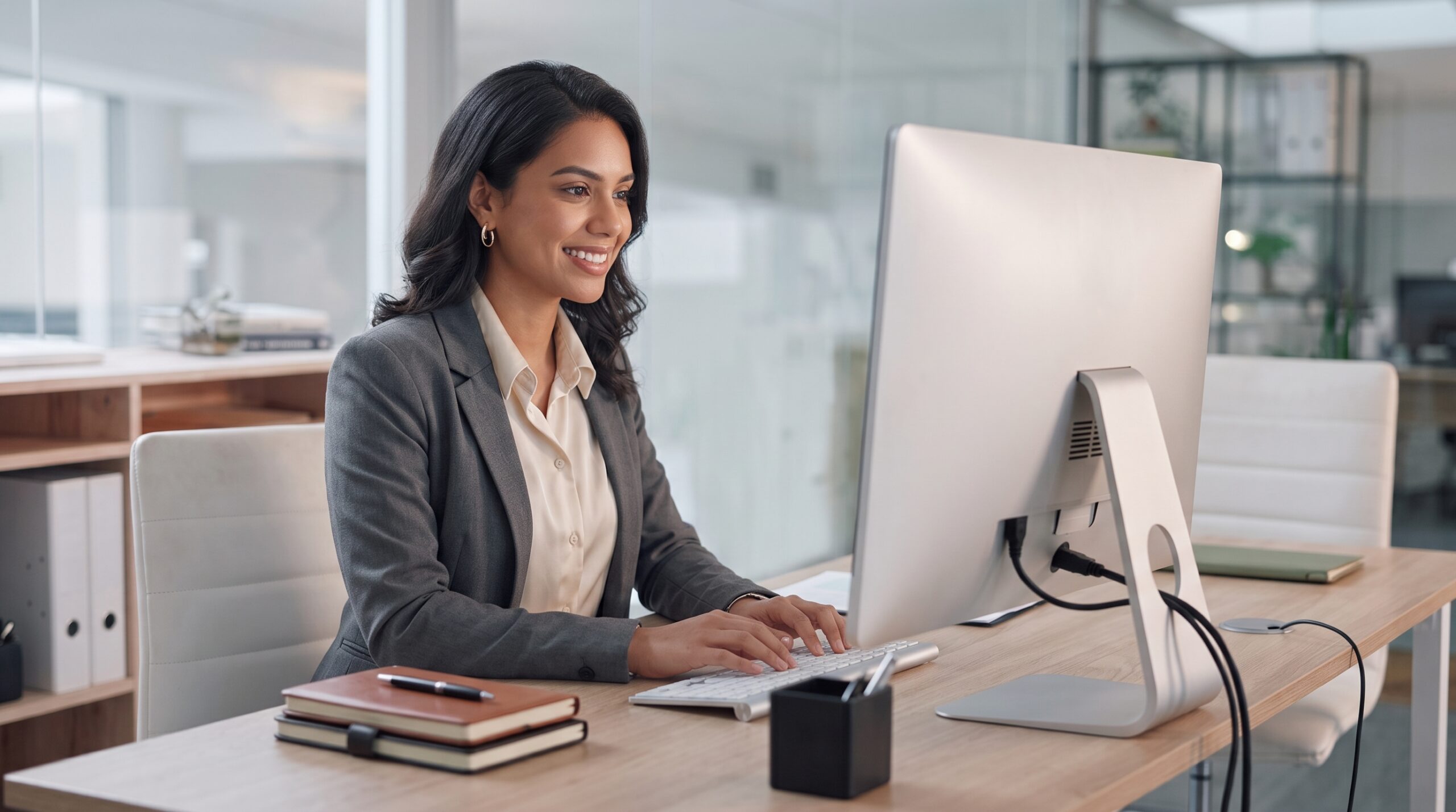 Offshore management accountant in India analyzing financial data on a desktop computer.
