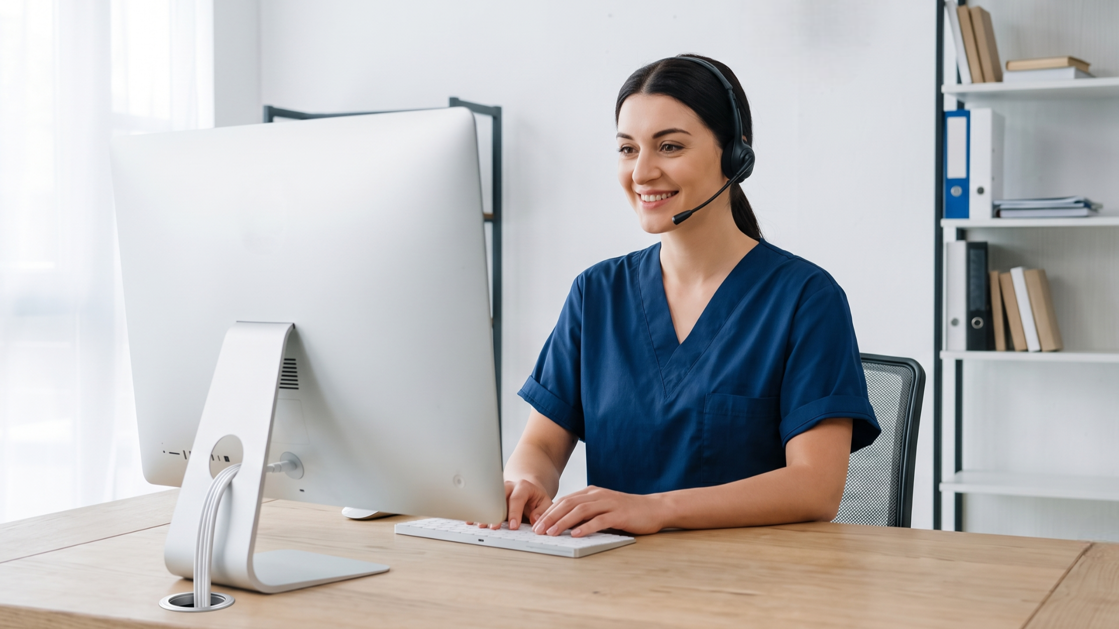 Female offshore medical data specialist typing at a desktop in dark blue scrubs