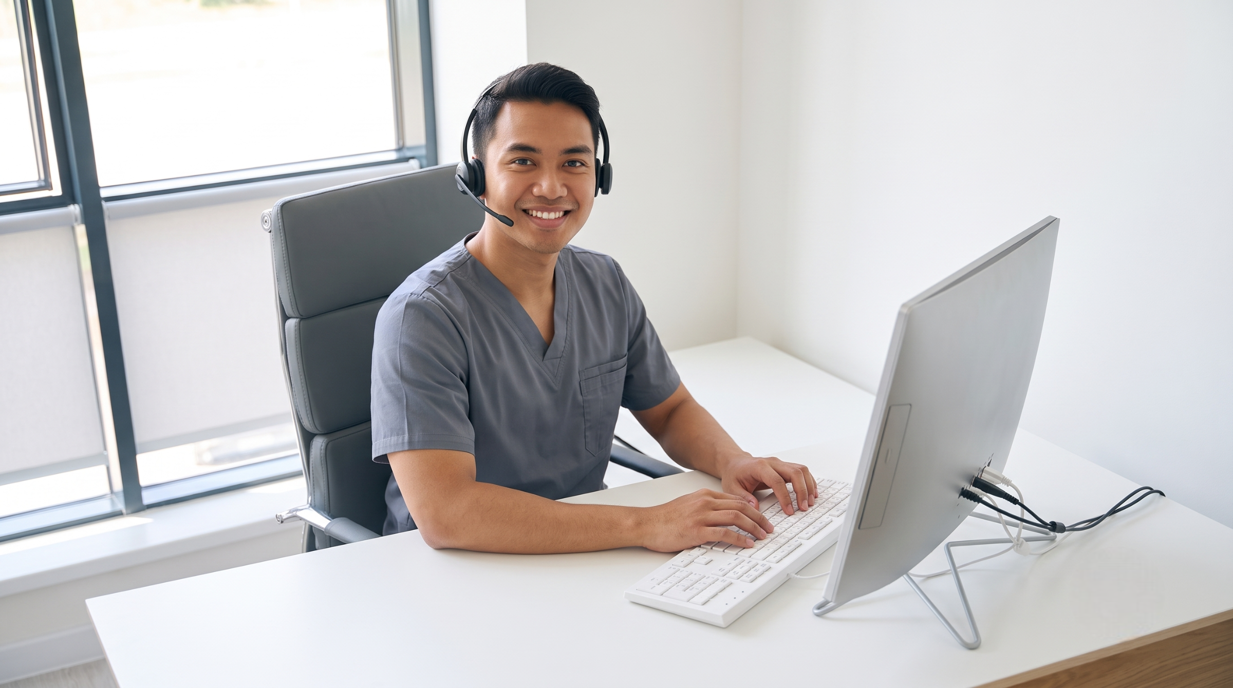 Male medical records specialist wearing a headset and working at his computer