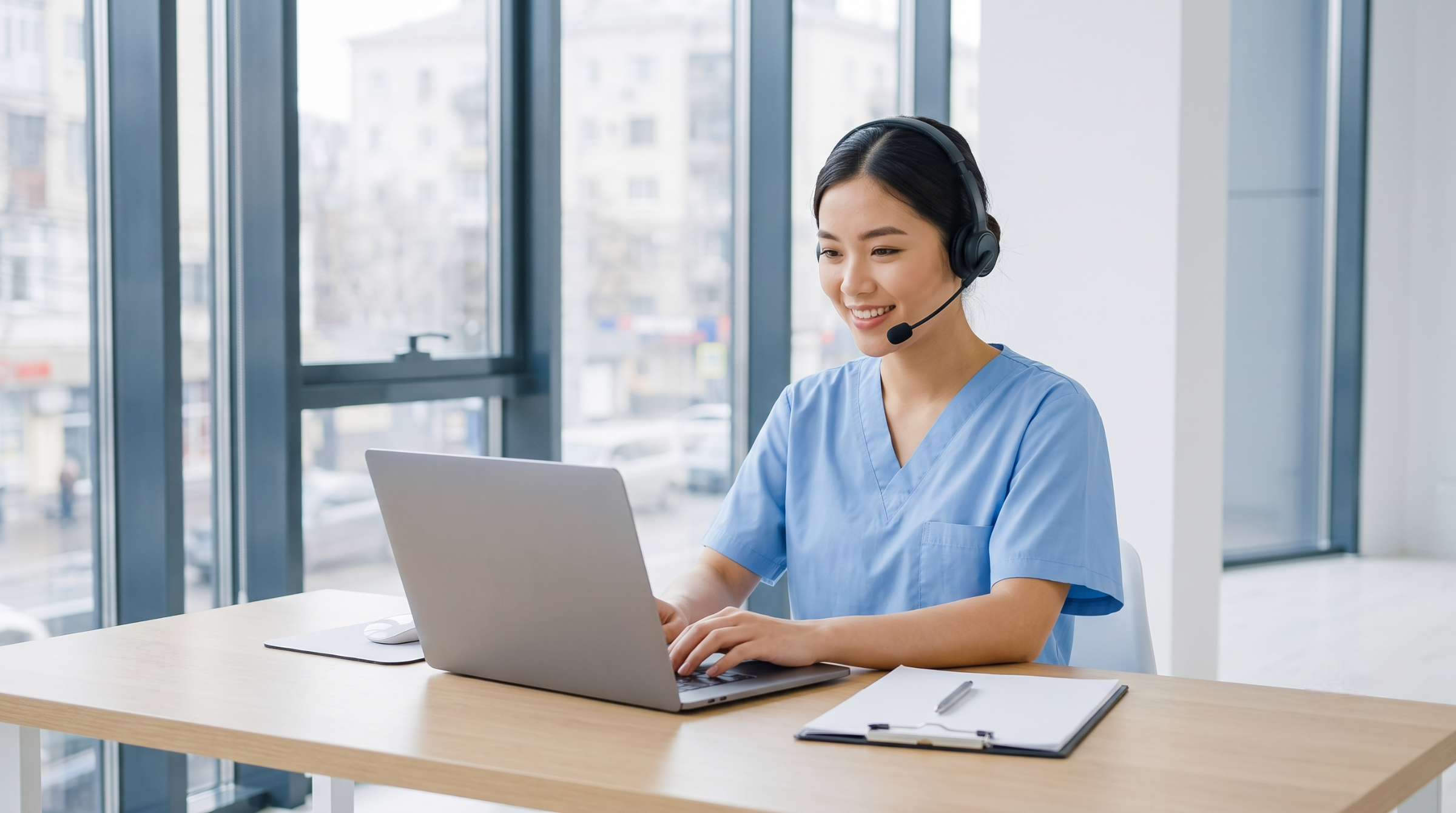 remote medical data entry specialist in light blue scrubs working on a laptop