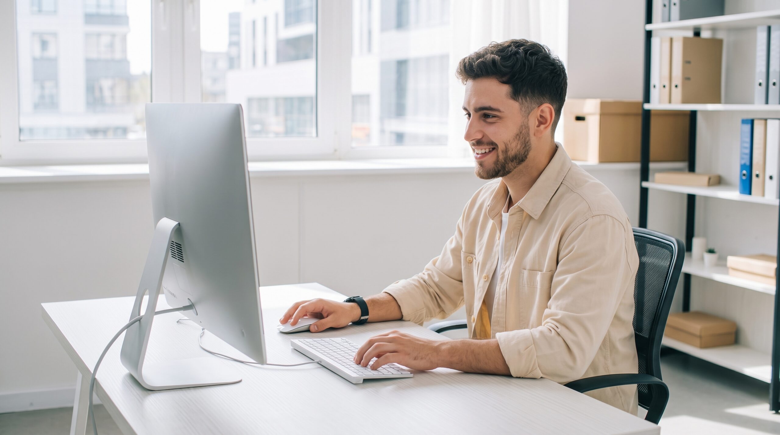 Remote ServiceNow specialist working at a desktop computer in a modern office