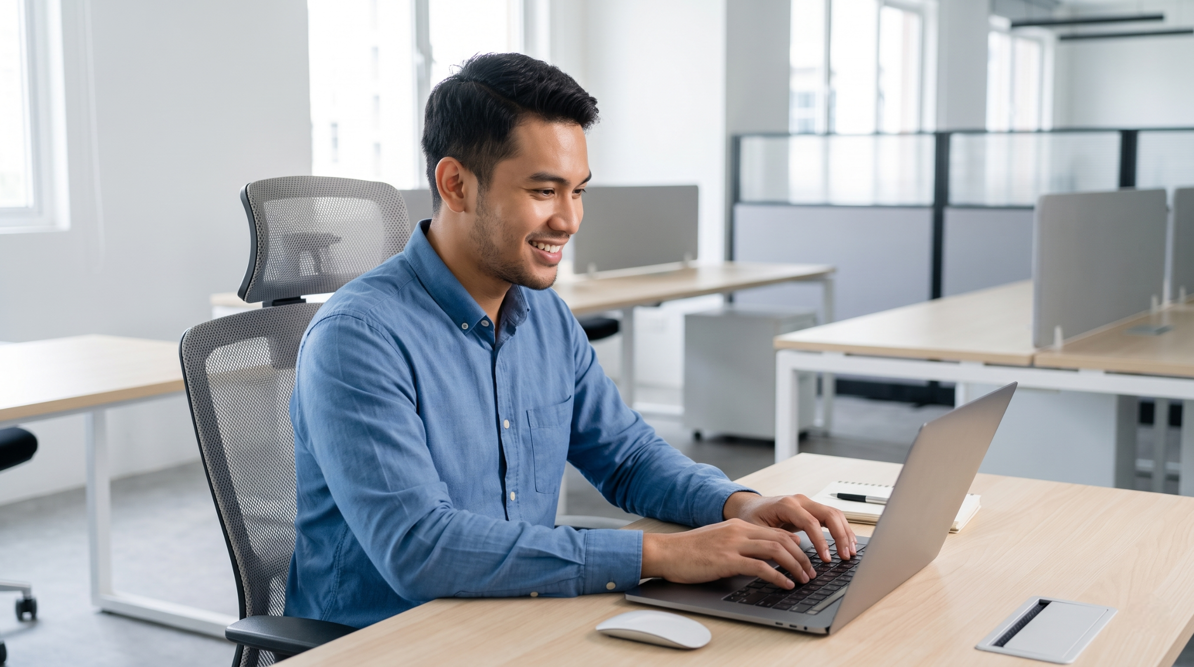 virtual soc analyst analyzing data on a laptop in a bright, open-plan office