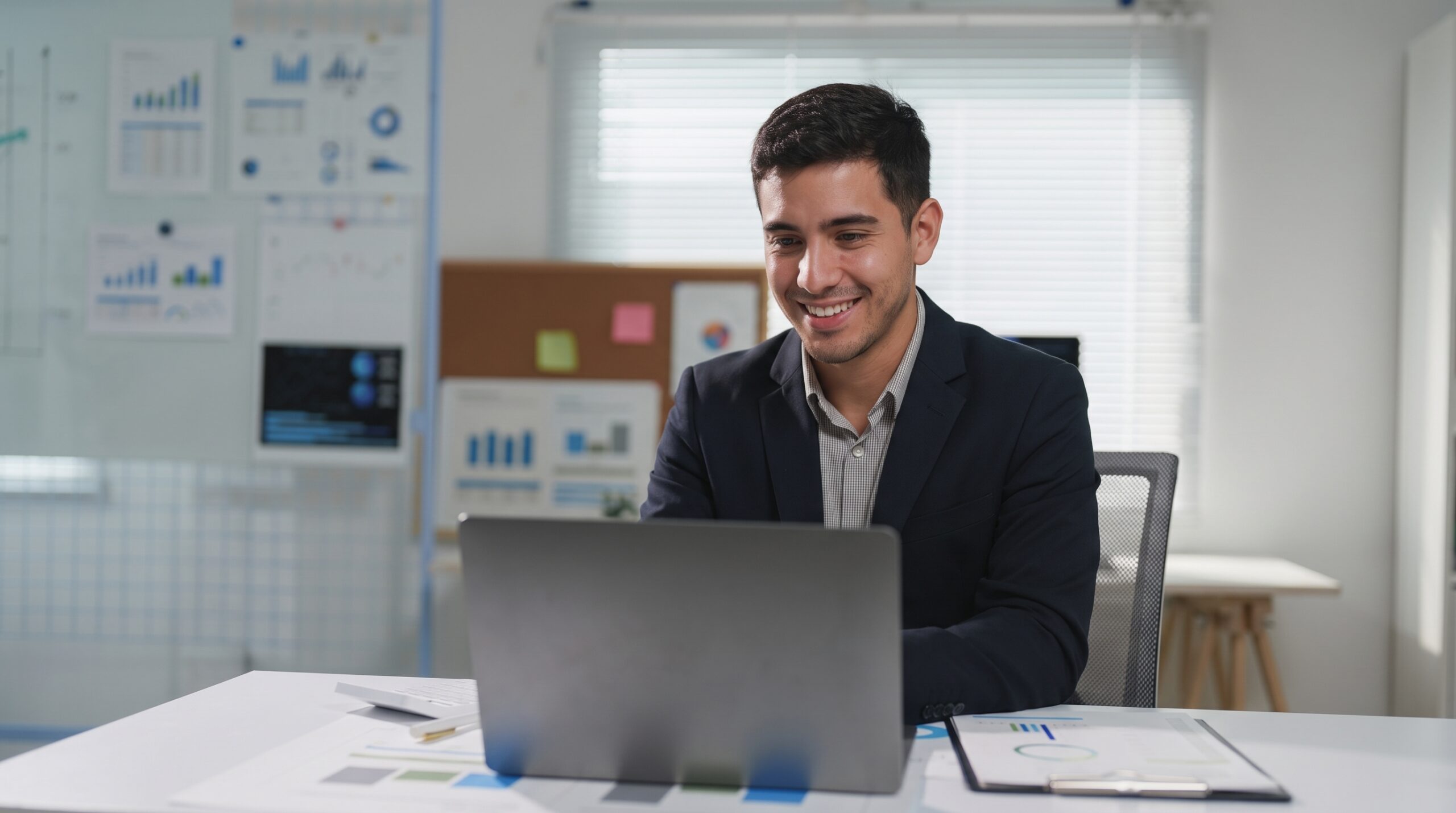 professional sustainability consultant analyzing reports on a laptop