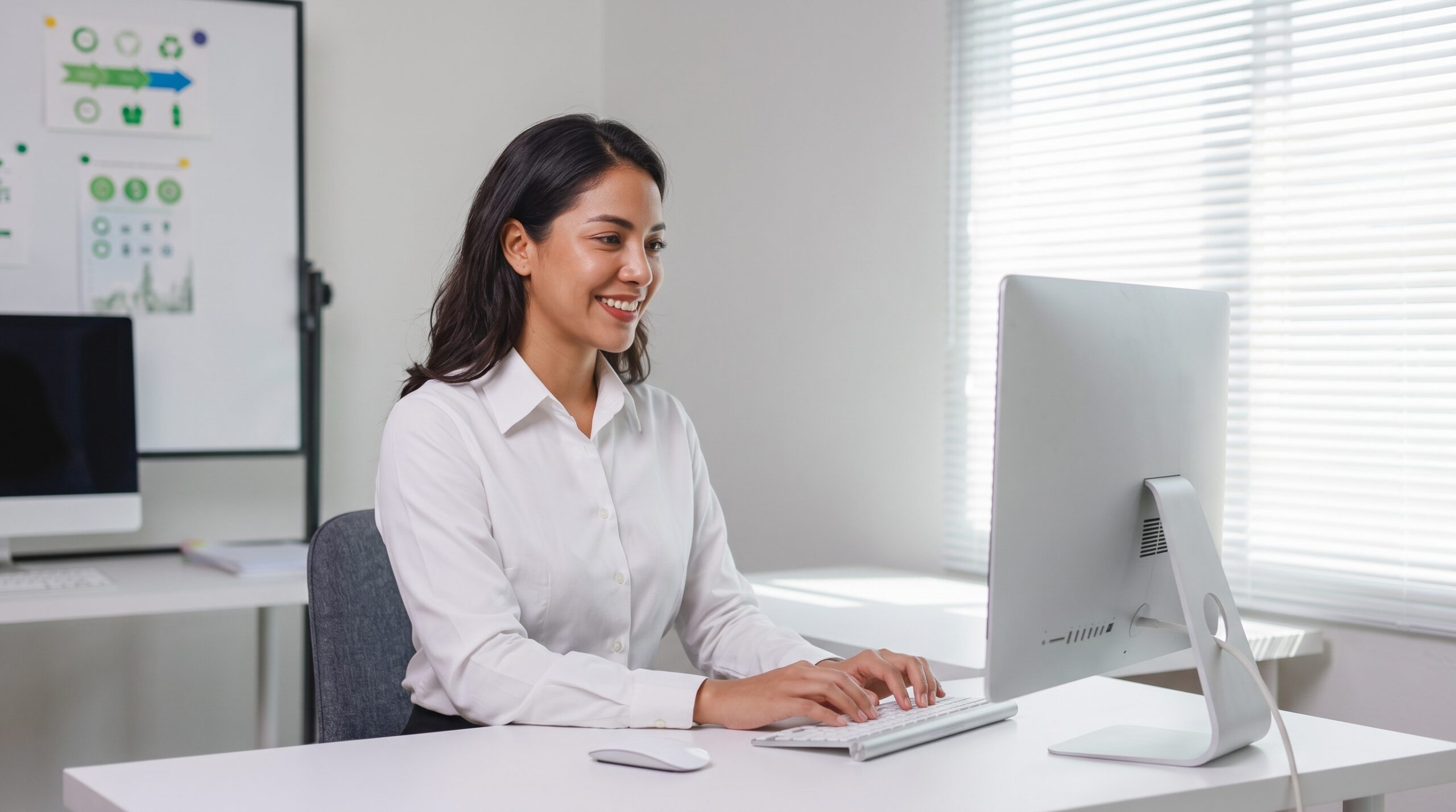 professional sustainability advisor researching data on a desktop computer