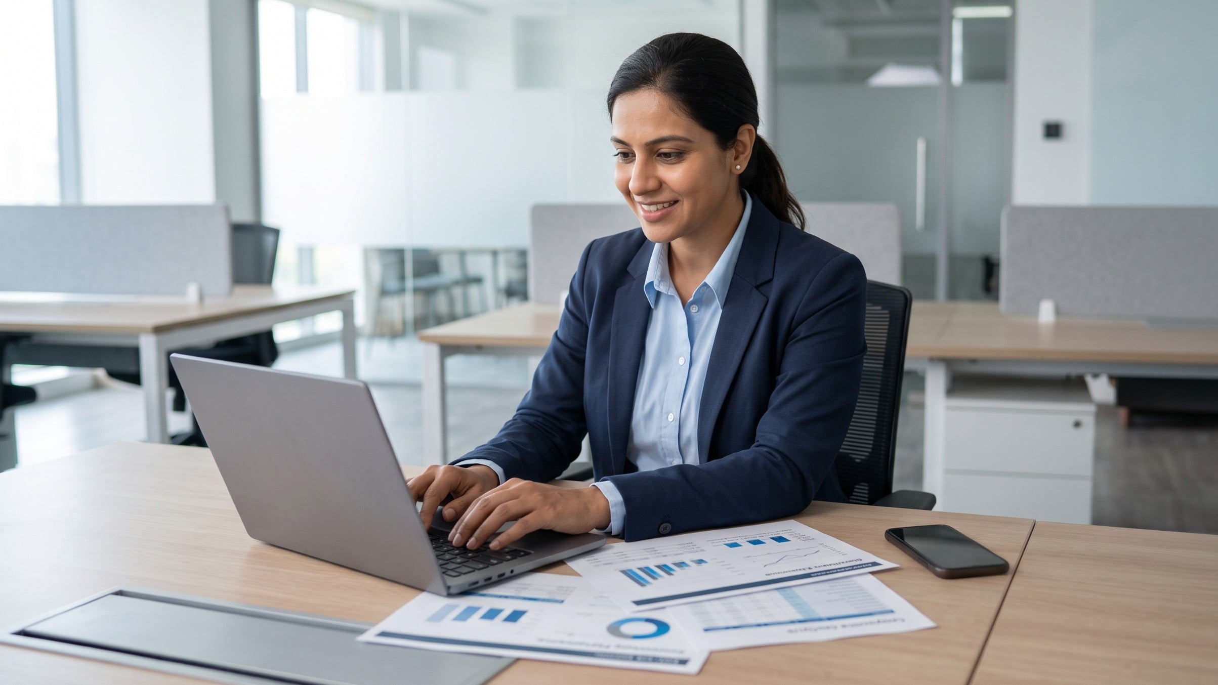 professional sustainability expert reviews documents at her desk
