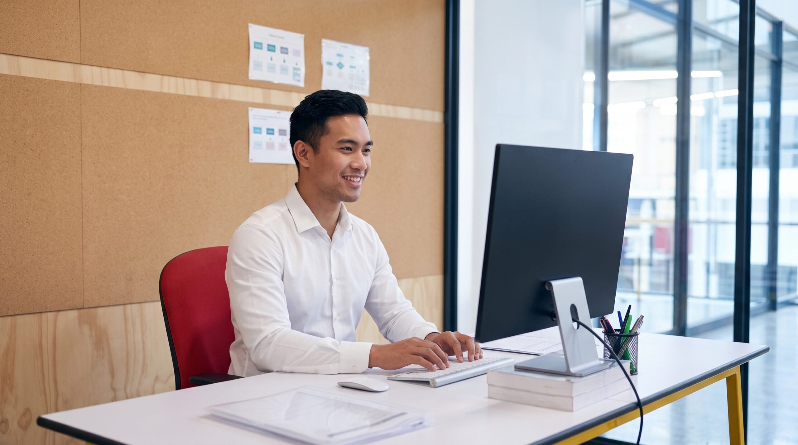 professional sustainability specialist typing on a computer in a modern office