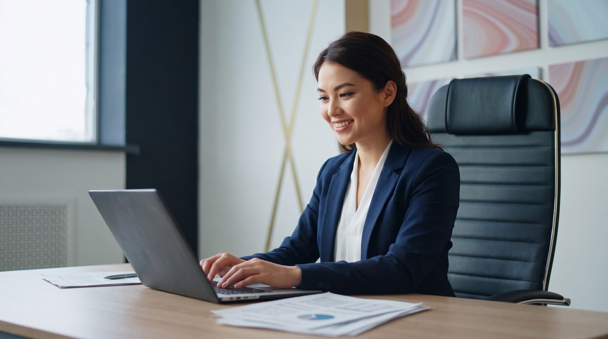 Focused professional sustainability analyst using a laptop in a bright office environment