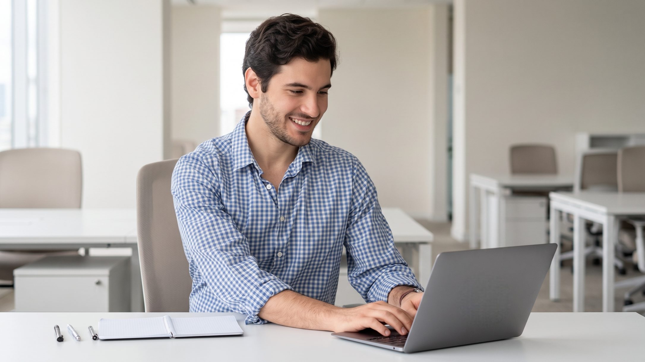Professional remote systems analyst working on a laptop at a bright office desk in Argentina