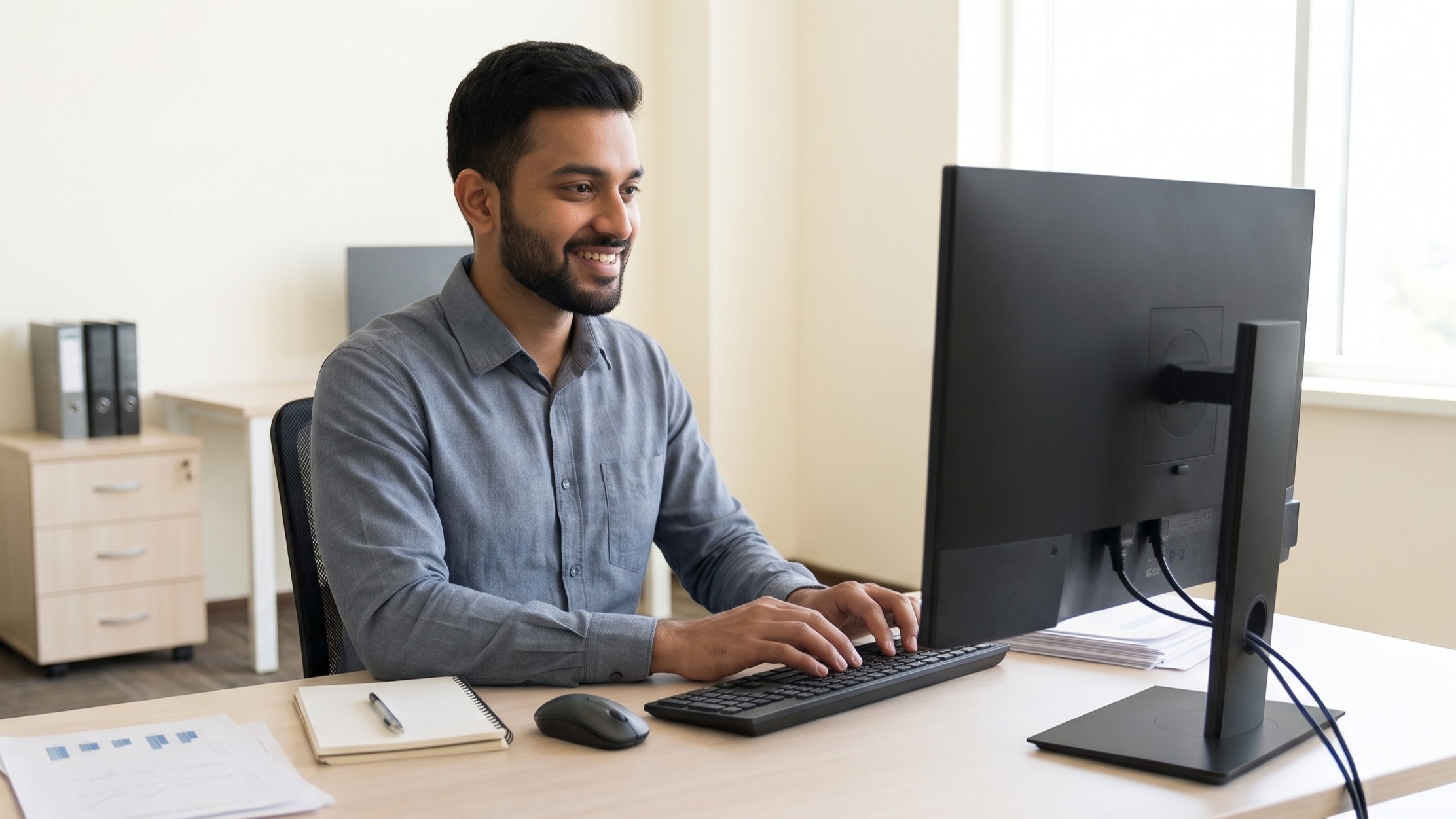 Remote systems analyst typing on a computer keyboard in a modern corporate office environment