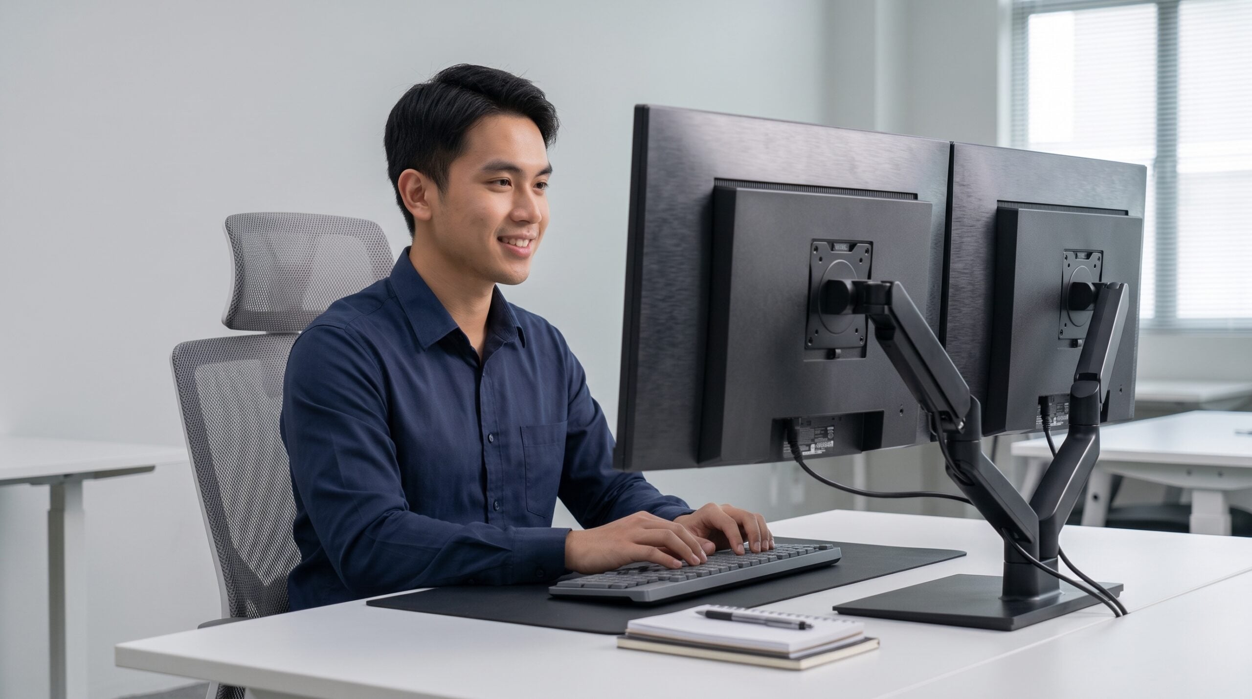 systems analyst remote setting up software using dual monitors at an organized desk in Malaysia