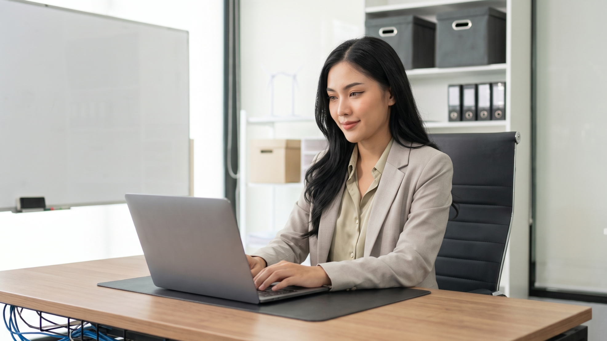 vietnamese remote scrum master working in an office setting with a laptop