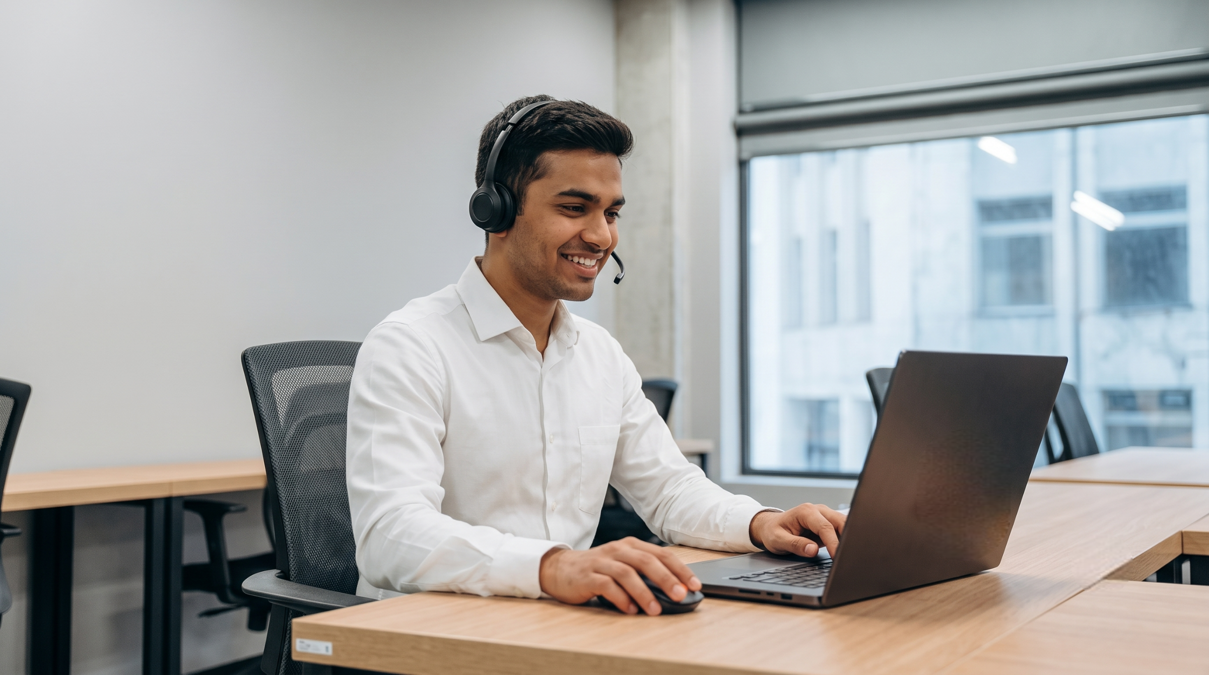 an outsource solutions specialist, working at a long desk in a shared workspace