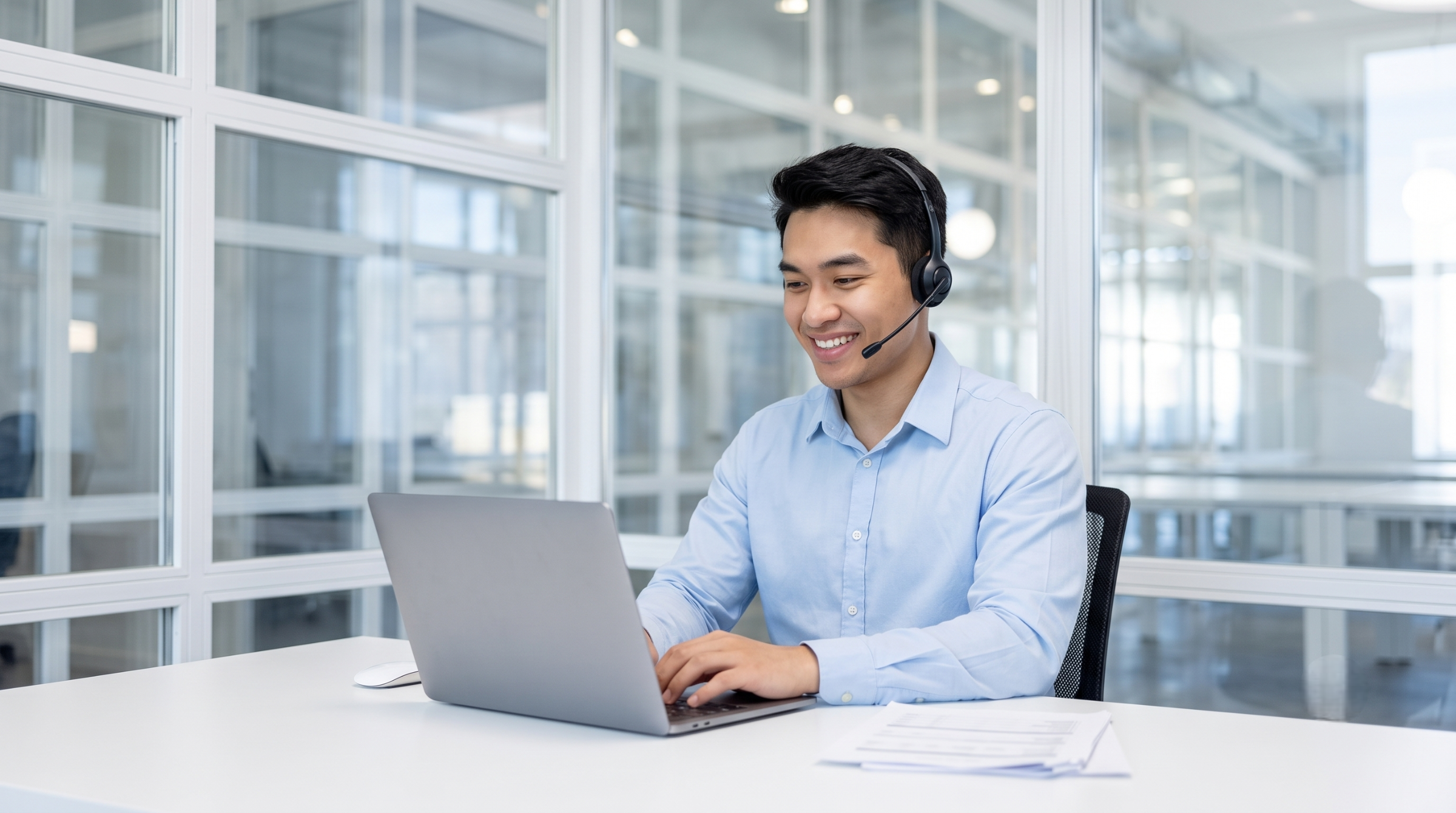 Male outsource solutions specialist wearing a headset and working at a laptop in a glass-walled office.