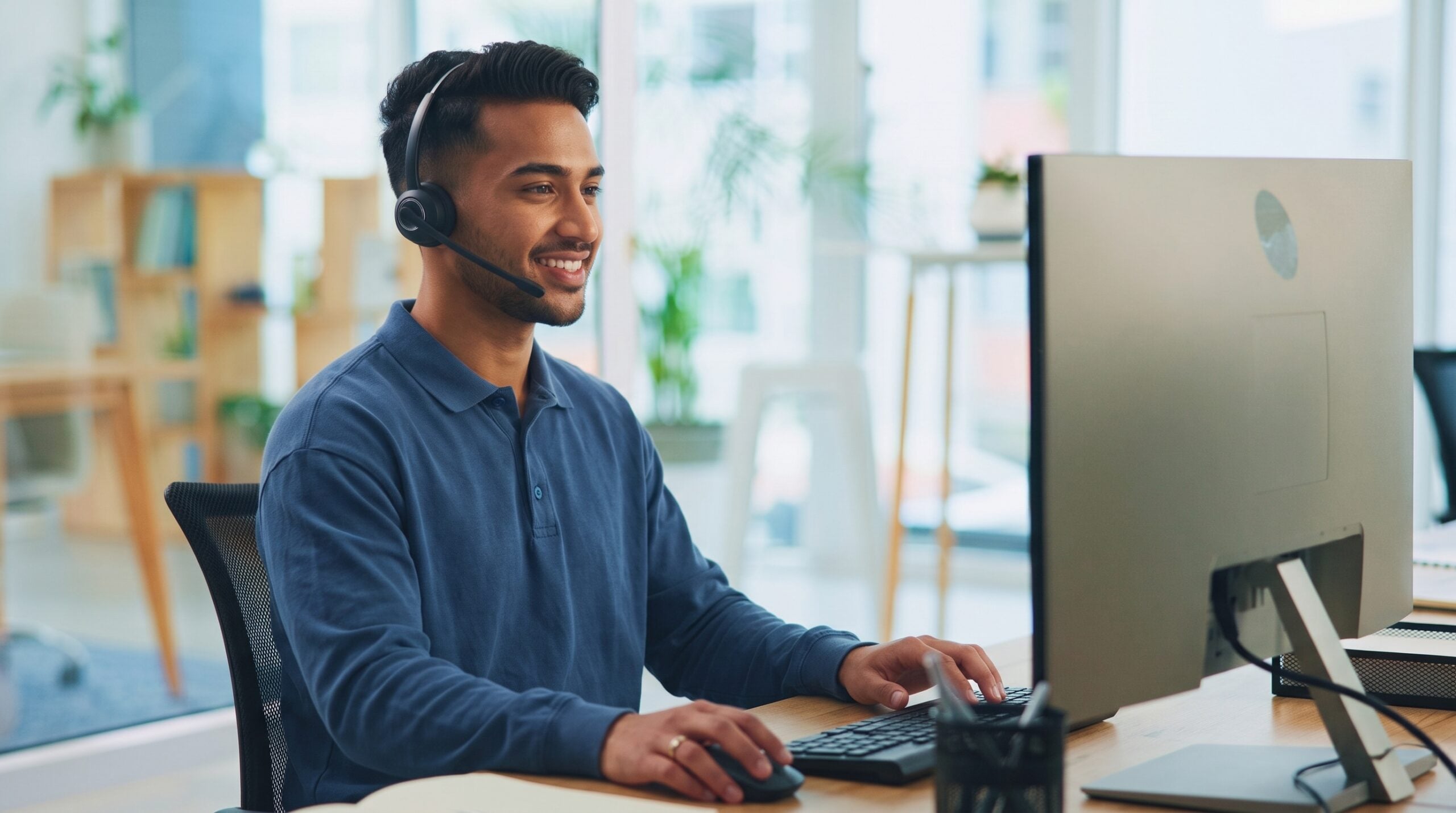 A male South Asian remote Dispatch Coordinator in a blue polo, wearing a headset and working at a desktop computer