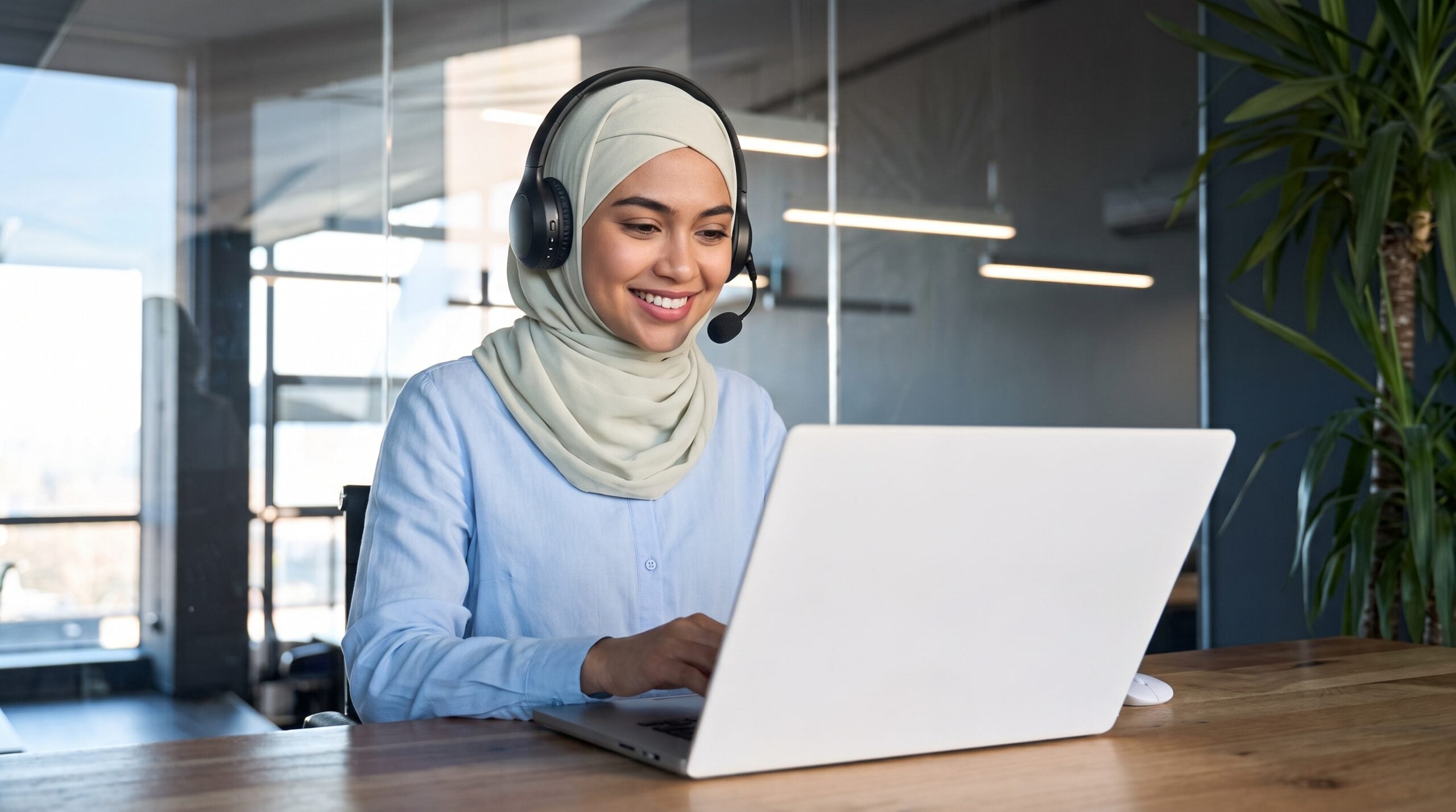 female offshore Dispatch Coordinator wearing a hijab and headset, working on a laptop in a modern office