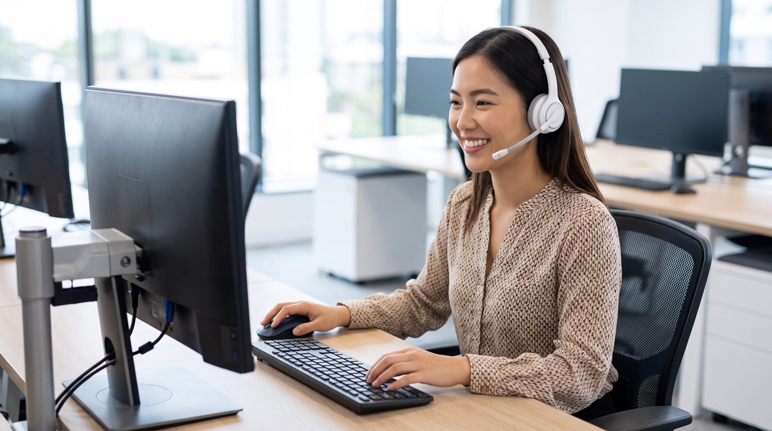 Vietnamese female remote Dispatch Coordinator wearing white headphones, using a desktop computer keyboard and mouse