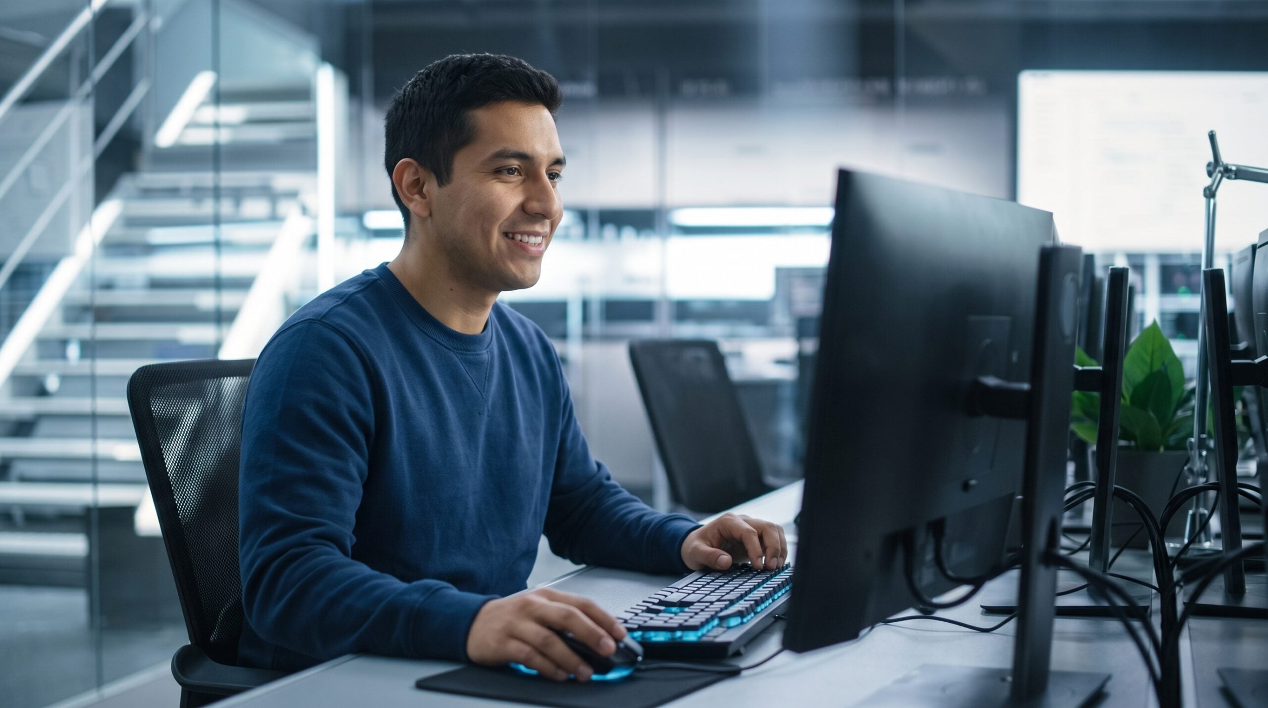 Latino remote AI agent manager smiling at his desk monitor