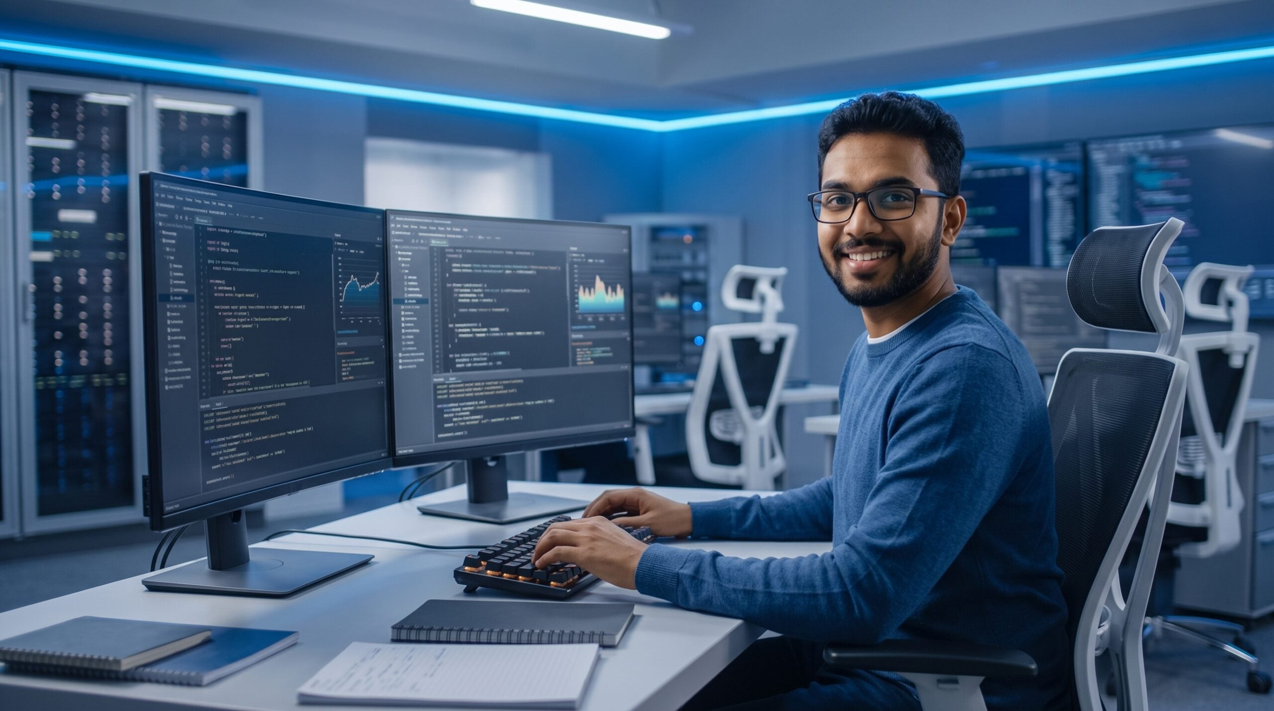 Remote AI agent manager operating a dual monitor workstation