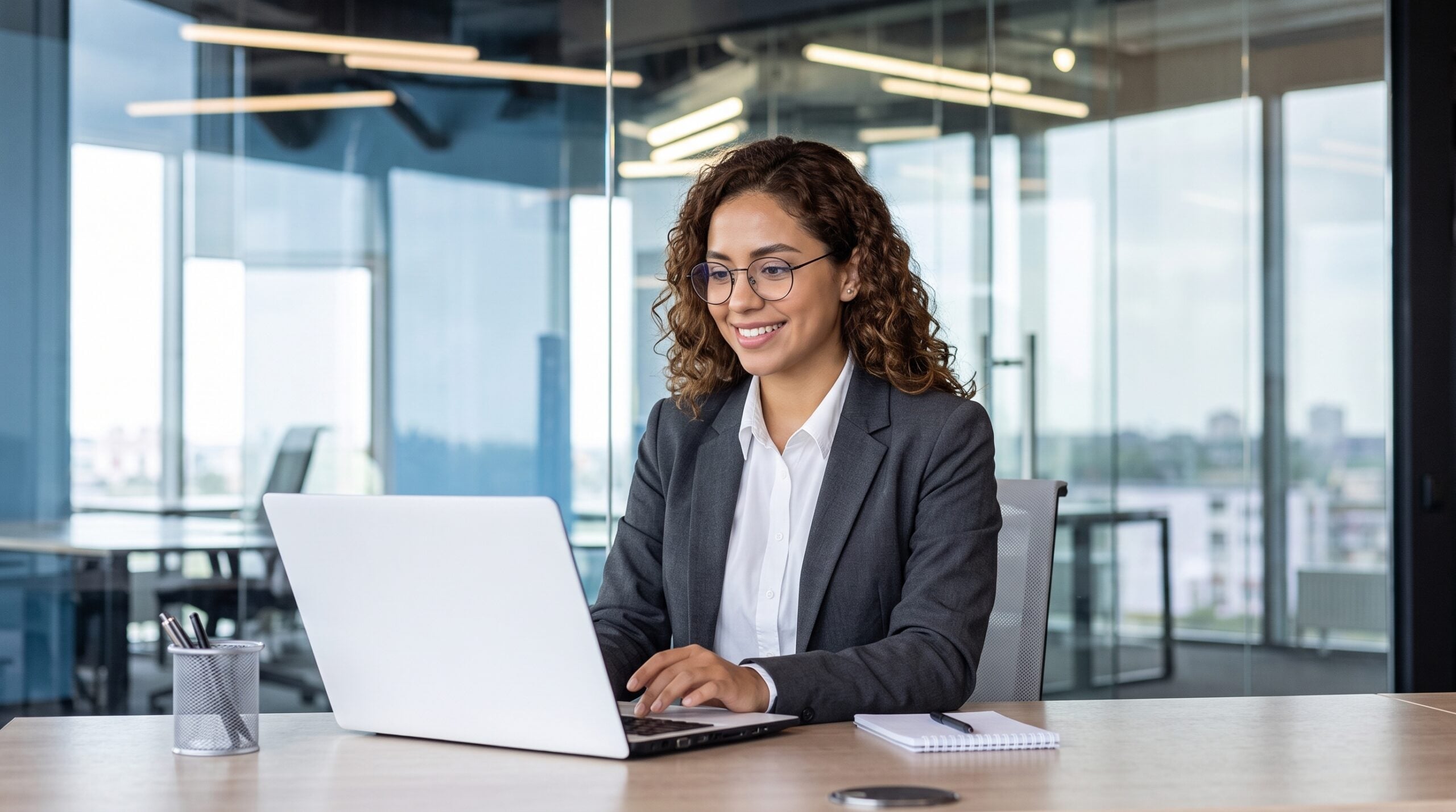 latina remote assistant accountant working in a open space office
