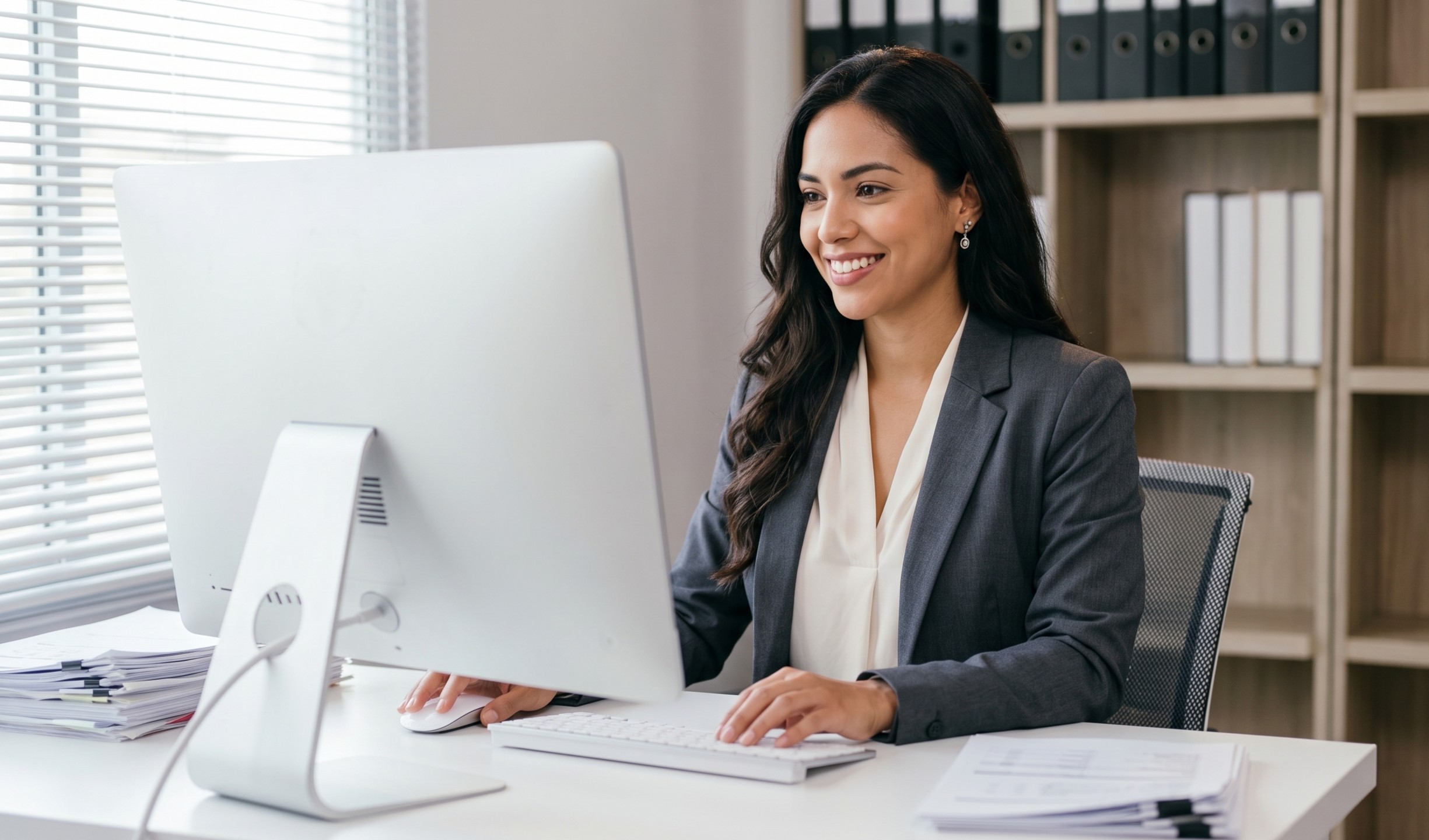 latina uses a mouse at a large monitor, acting as a remote financial auditor in an organized office