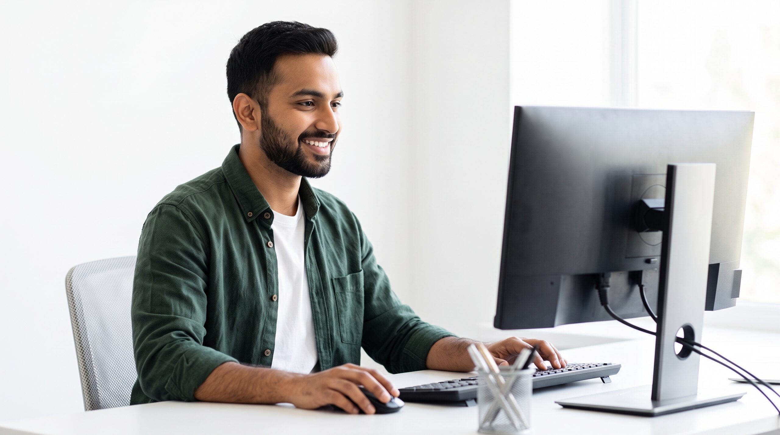 Certified network administrator smiling while operating a desktop computer from a clean, white office desk