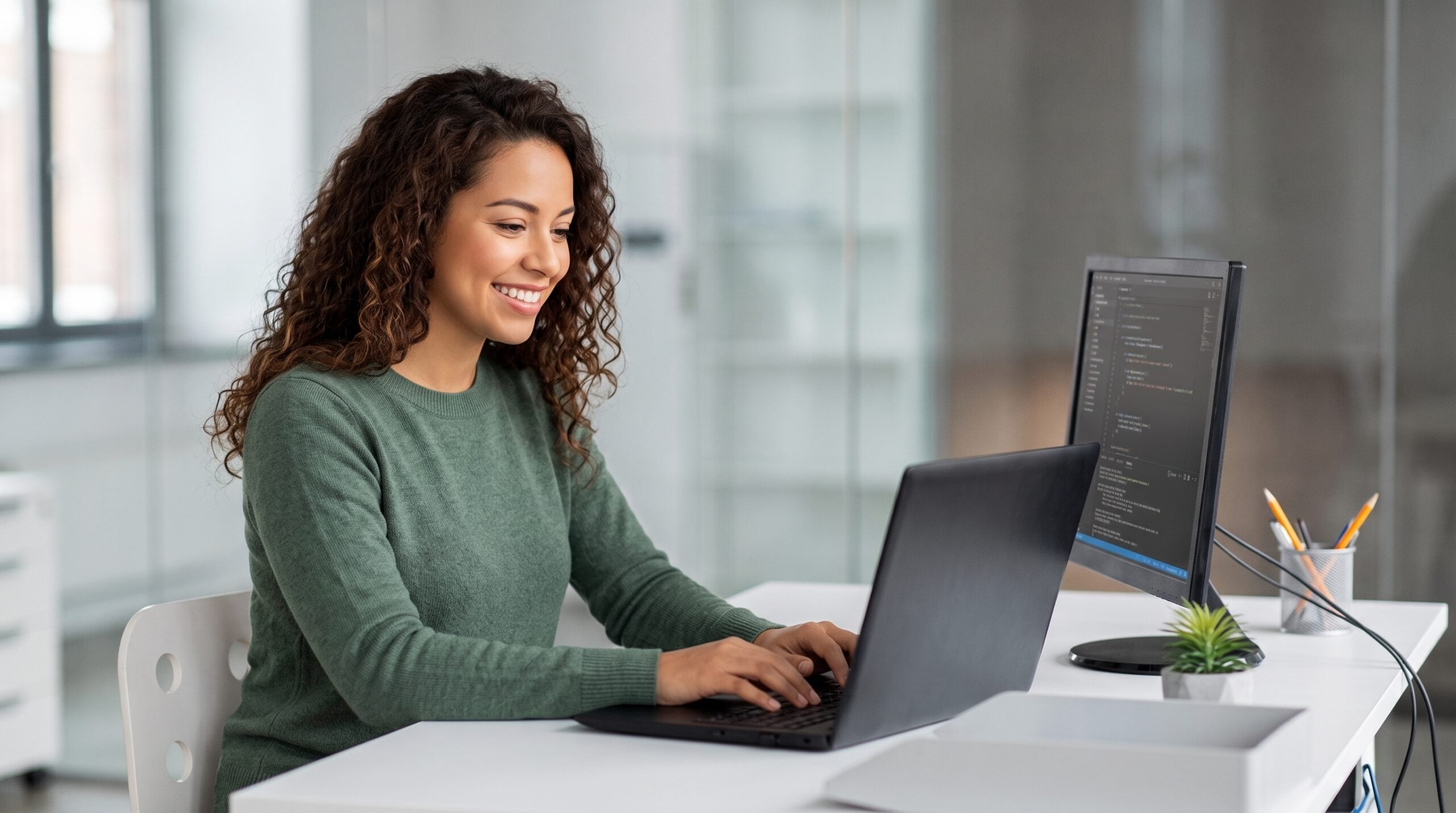 top outsourced forward deployed engineers smiling while coding on a laptop