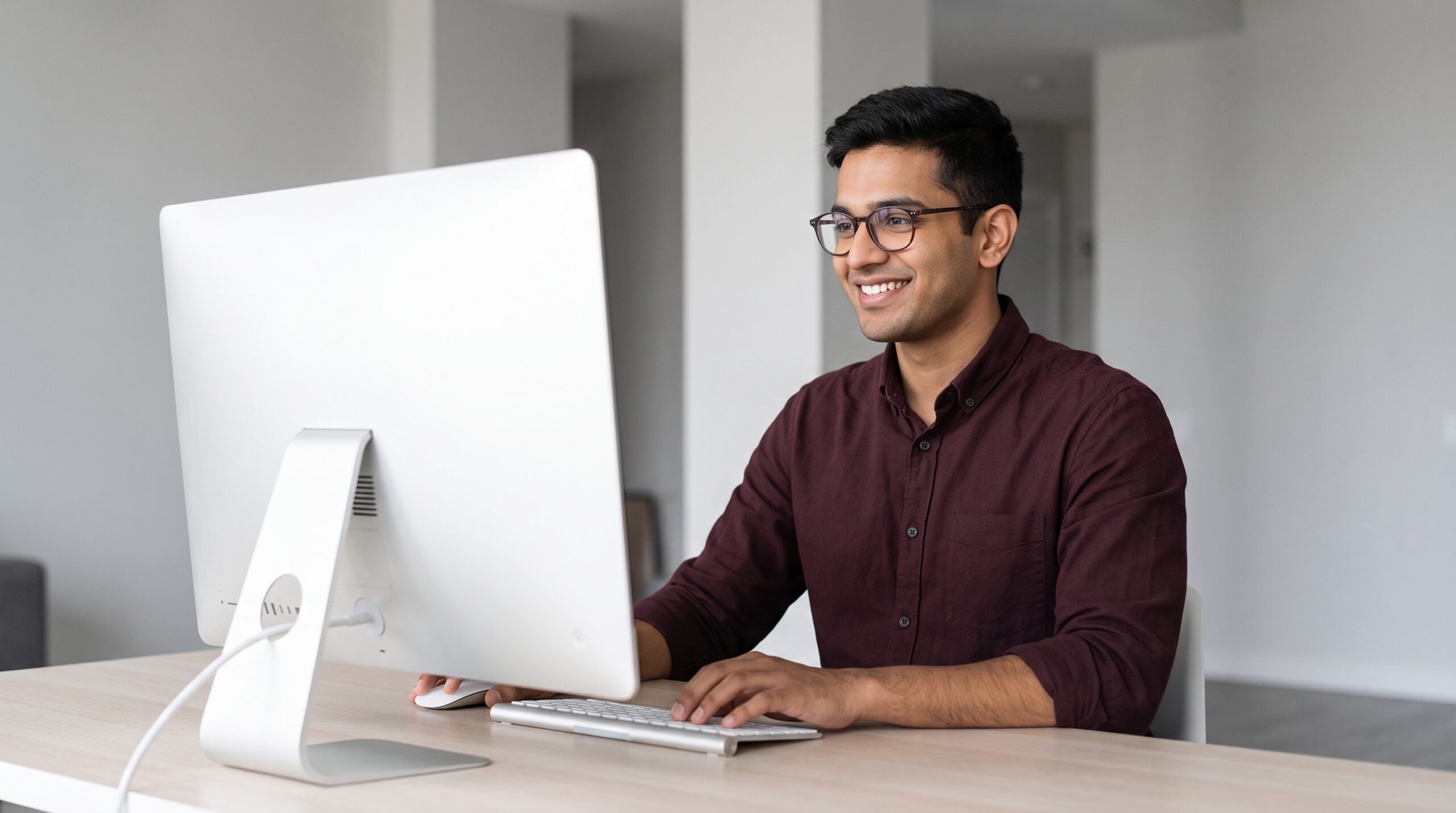 smiling remote forward deployed engineer typing on a computer at his desk